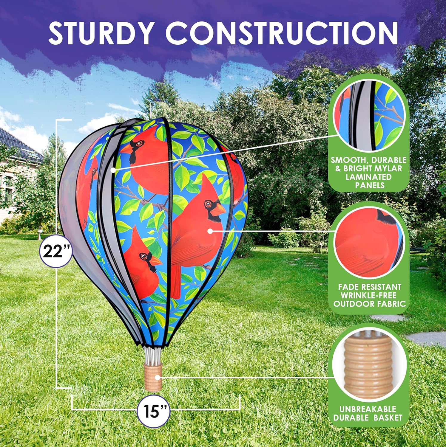 Hot Air Balloon Hanging Garden Spinner 22" - Vibrant Cardinals Design, Weather-Resistant Outdoor Decor, Durable & Lightweight for Patios, Yards, and Gardens - Eye-Catching Wind Spinner