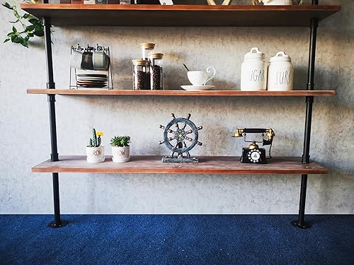 Miniatura 123 de Estantería industrial de 5 niveles, estantería rústica de tubería de metal de madera montada en la pared para sala de estar (marrón envejecido, 10