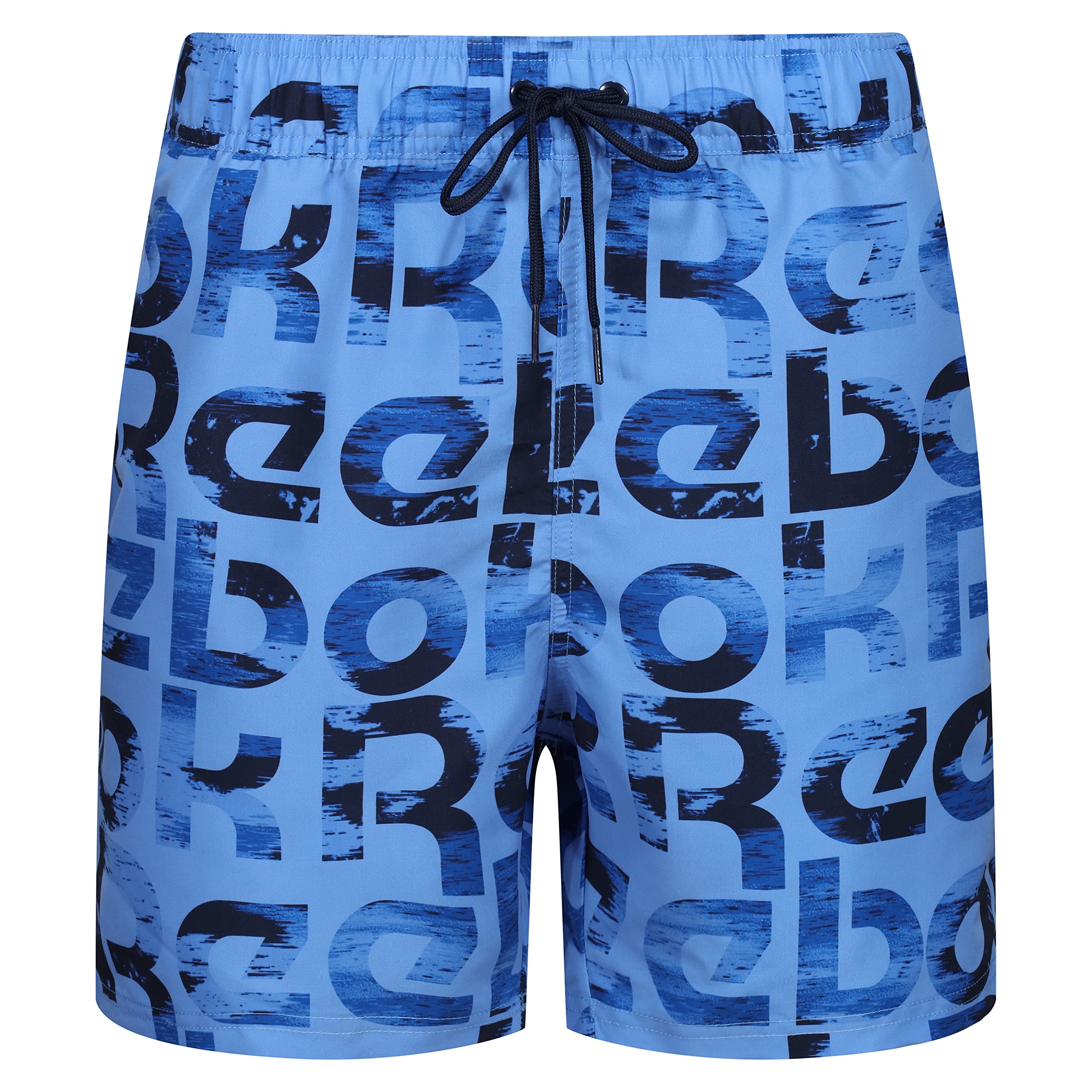 Reebok Mens Swim Shorts Mid Length in Blue Allover Brand Print, Polyester Quick Dry with Elasticated Waistband and Drawstring