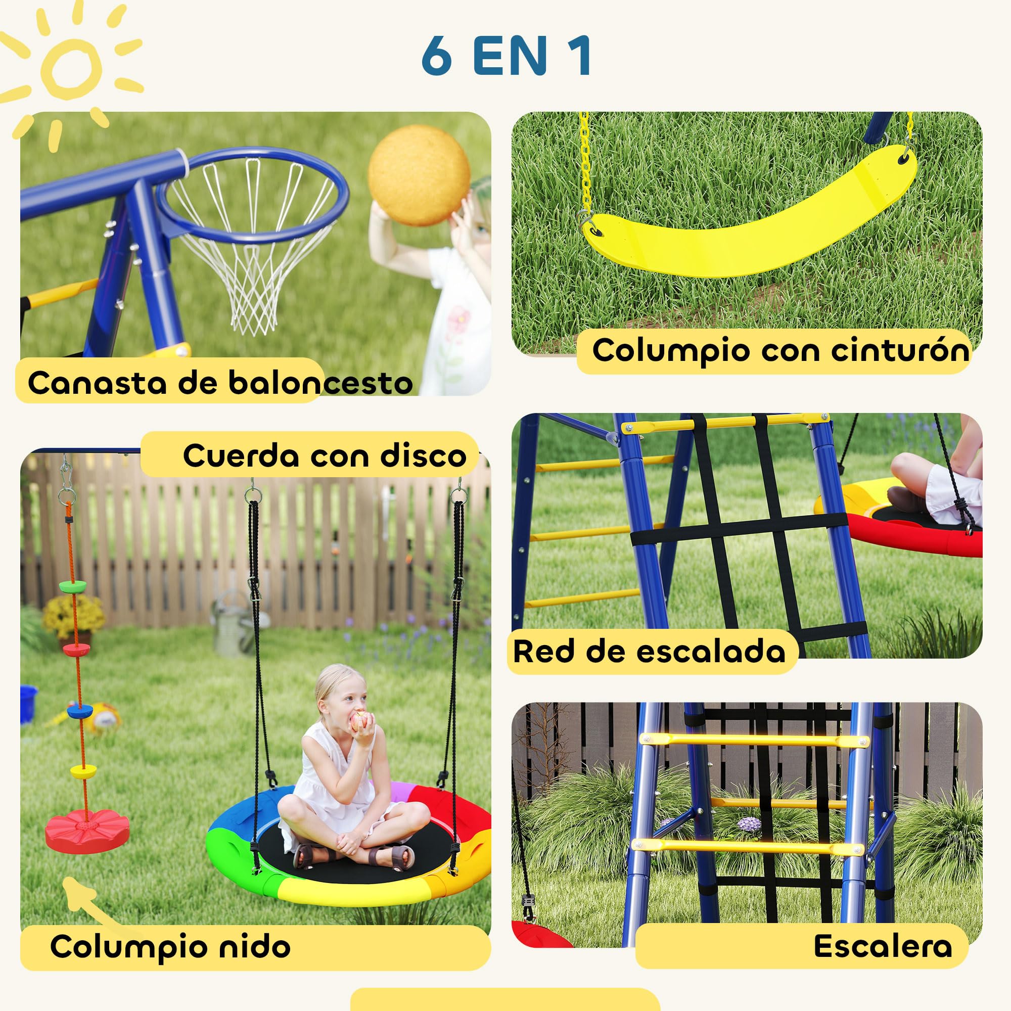 AIYAPLAY Columpios para Niños de +3 Años 6 en 1 Columpios Jardín Exterior con Columpio Nido Cuerda con Disco Red para Escalar Escalera y Aro de Baloncesto Multicolor