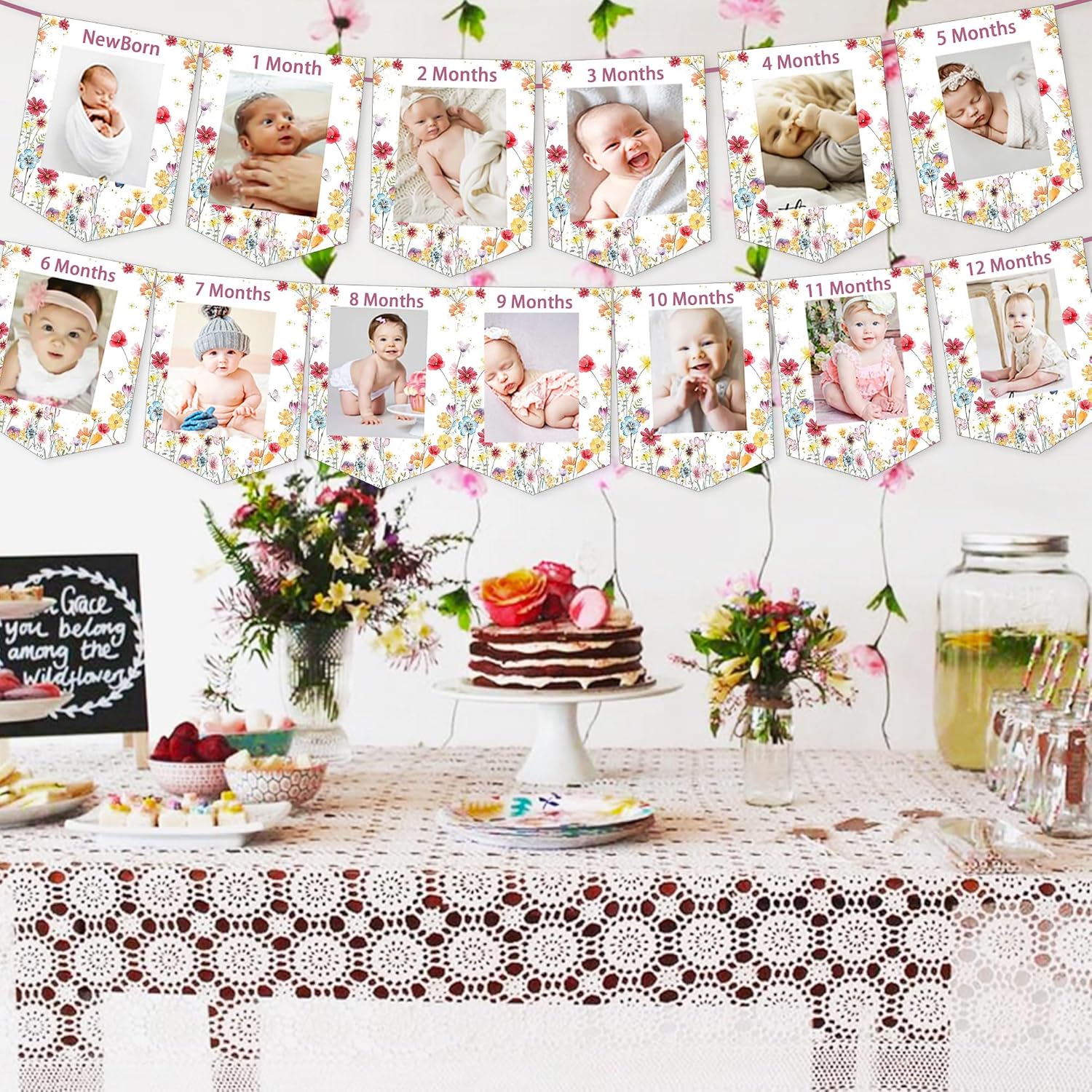JeVenis Wildflower First Birthday Decorations Birth Month Flower Picture Wildflower 12 Months Photo Banner Wild Flower Party Decorations - Image 3