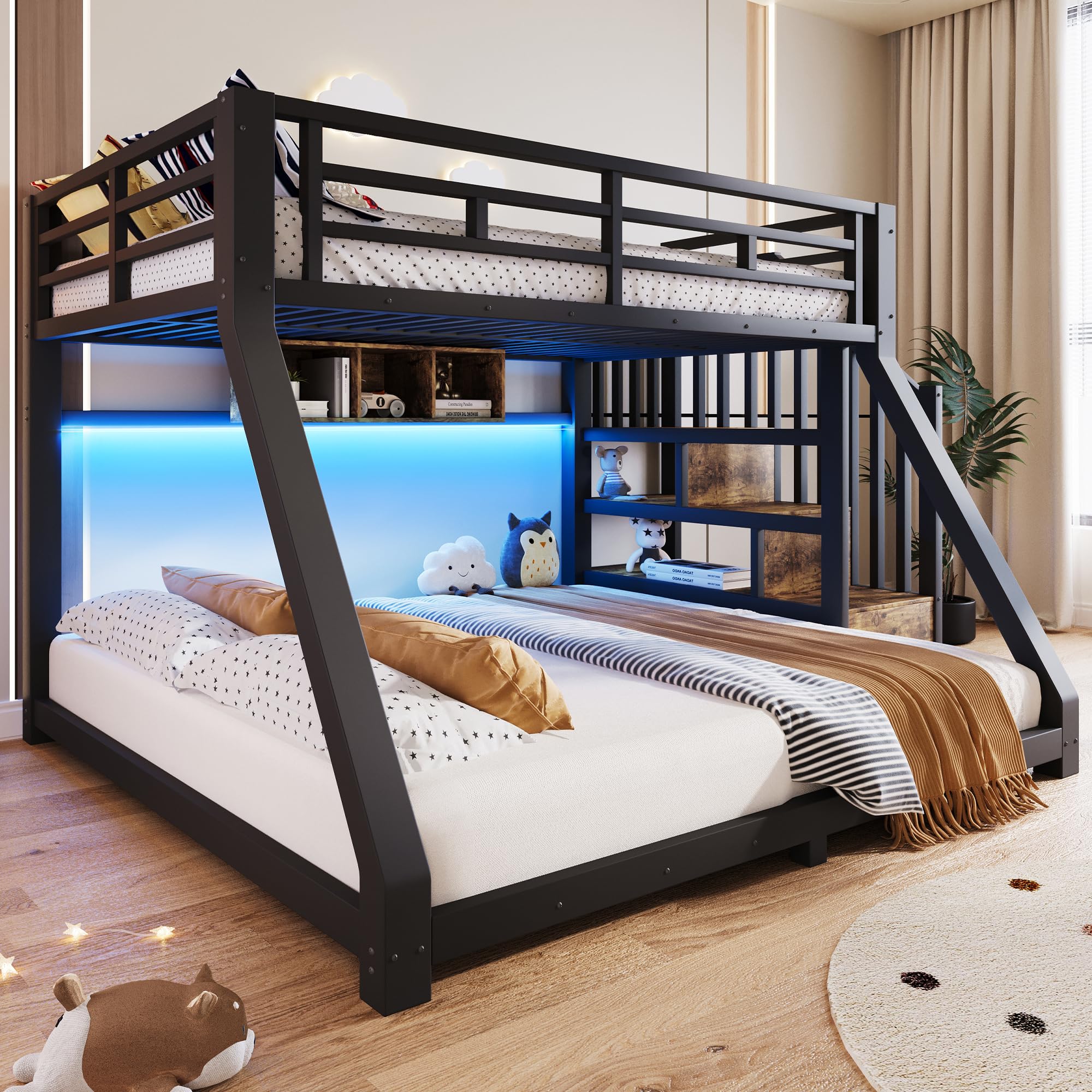Letto a castello con luci a LED,Letto superiore 90×200 cm,Letto inferiore 140×200 cm,con 3 vani contenitore,Materiale metallico con scaletta contenitore,guardrail e pediera,Nero (Senza materasso)