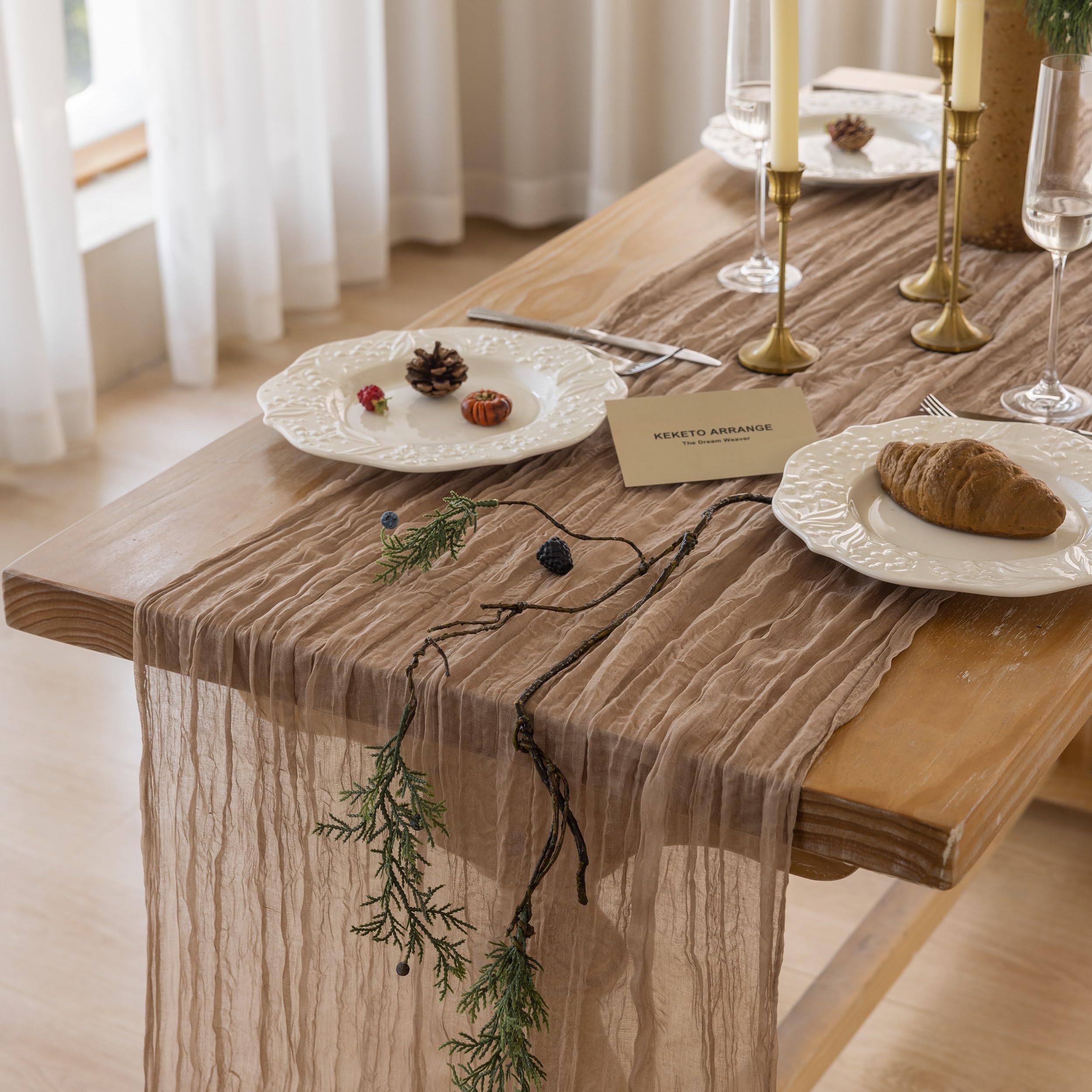 Photo 1 of Keketoarrange Nude Brown Cheesecloth Table Runner - 120 Inches