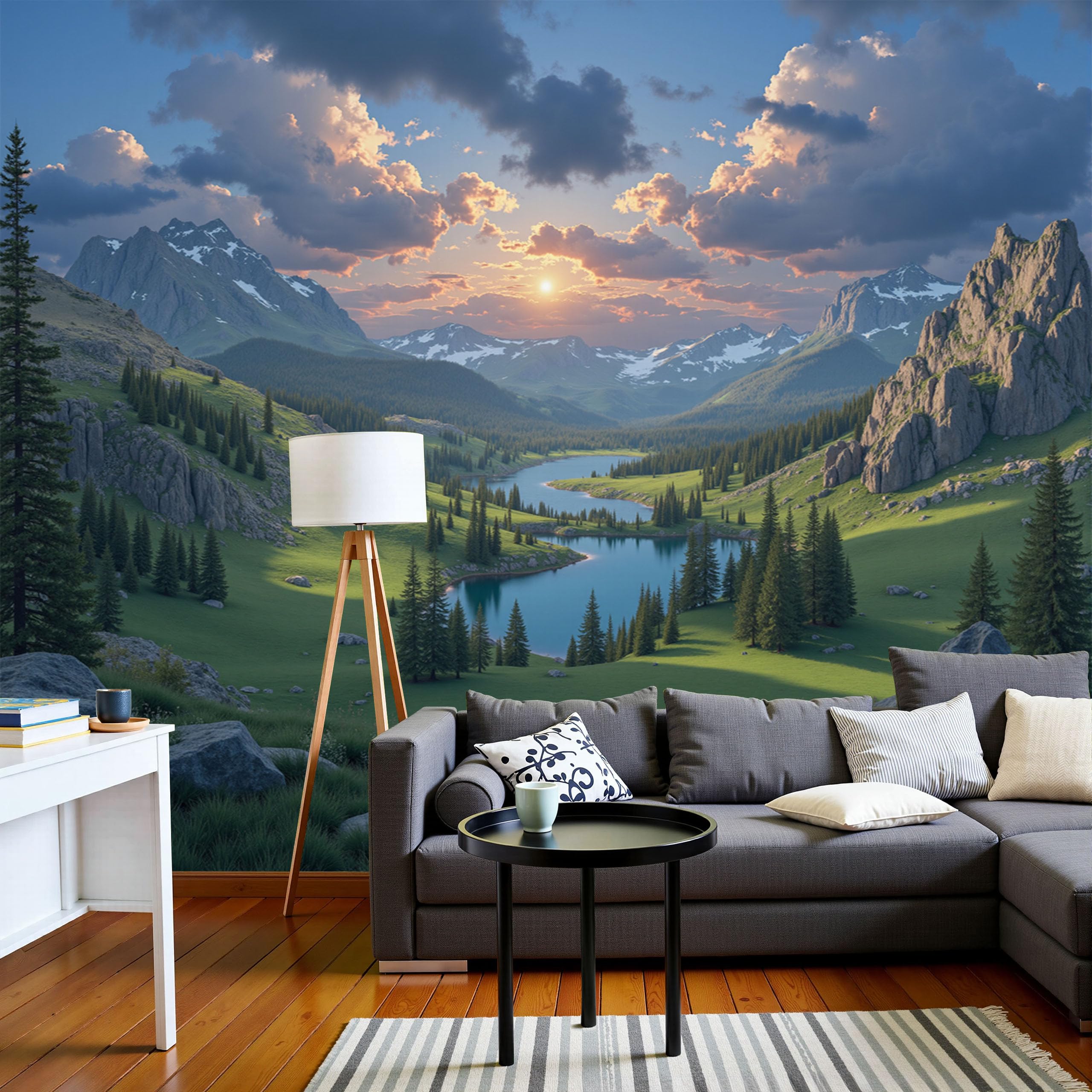 Papier Peint Soie Mural 3D Paysage de Vallée Orange et Vert