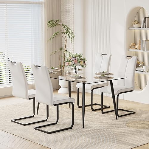 Miniatura 24 de Juego de mesa de comedor moderno de 51" de 7 piezas para 6, mesa rectangular de cristal con 6 sillas tapizadas en cuero, capacidad para 6 personas,