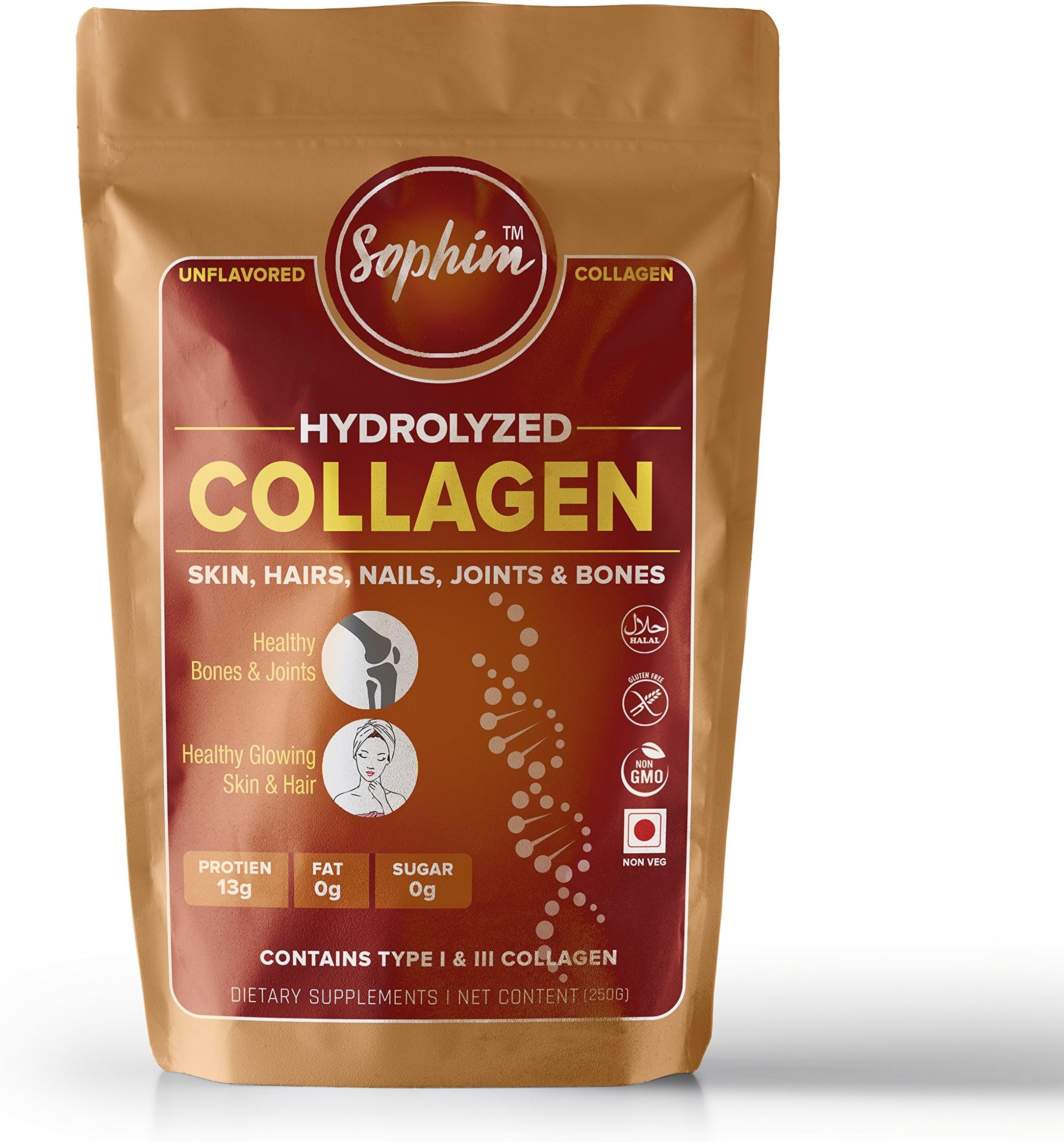 Amino Collagen Powder , Premium Hydrolyzed Collagen Powder Supplement for Skin,Hair,Nails,Joints and Bones.Collagen Peptides Type 1 & Type 3 (250 Grams)