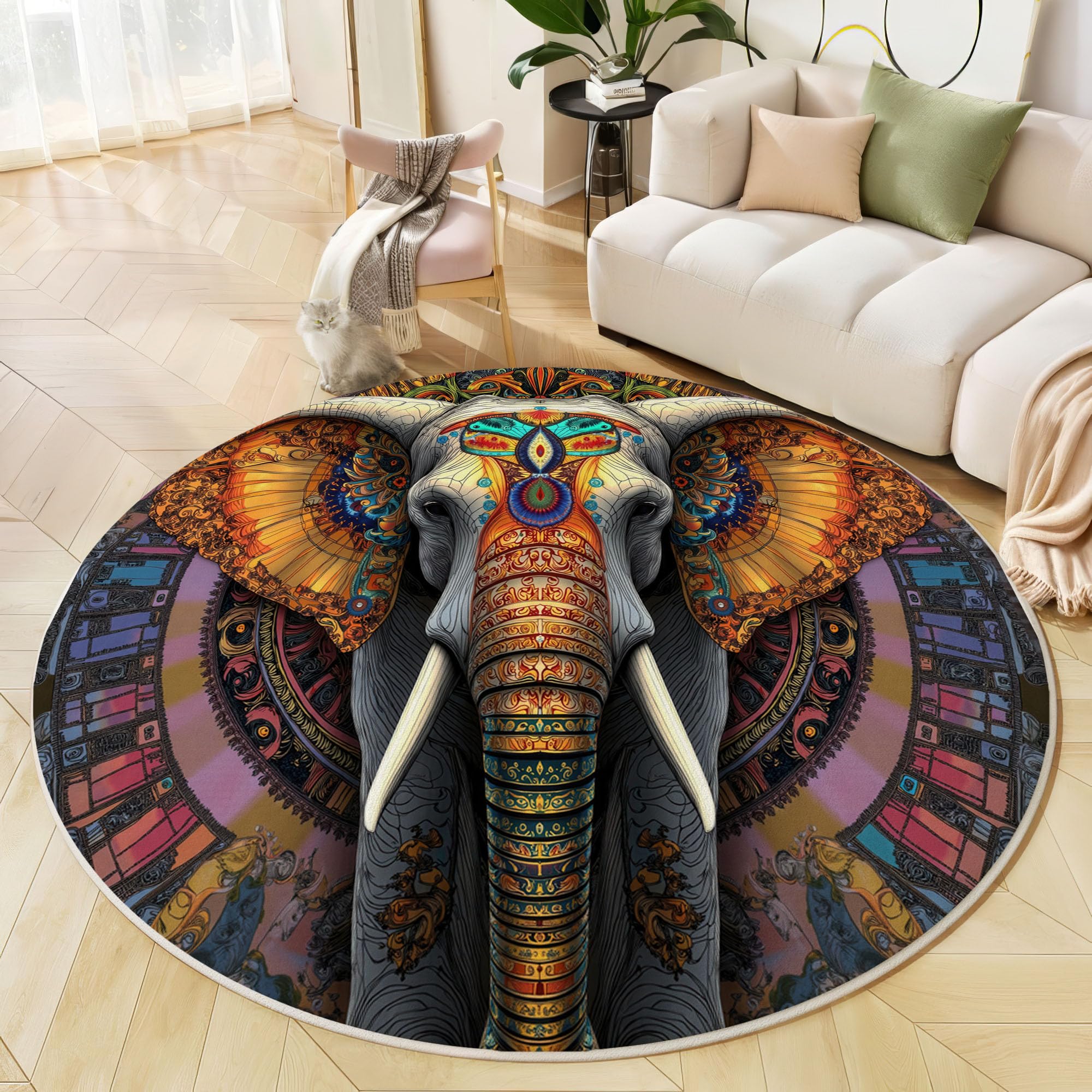 Tapis Ronds Mandala Éléphant, Tapis Rond Illustration Ethnique Antidérapant Doux Rugs Chambre, Lavable Rug De Salon, pour Bureau L'intérieur 120cm