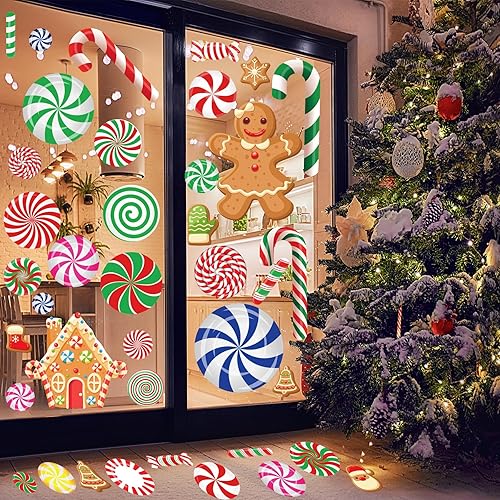 Miniatura 5 de Adhesivos para ventana de bastón de caramelo, 3D, 88 unidades, calcomanías de ventana de menta de doble cara, decoración de ventana de Feliz Navidad