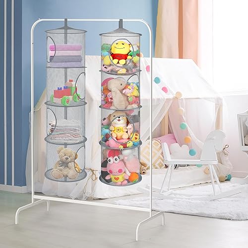 Miniatura 79 de Organizador de bolsas de malla colgante para ahorrar espacio, organizador plegable de almacenamiento de animales de peluche, 5 compartimentos,