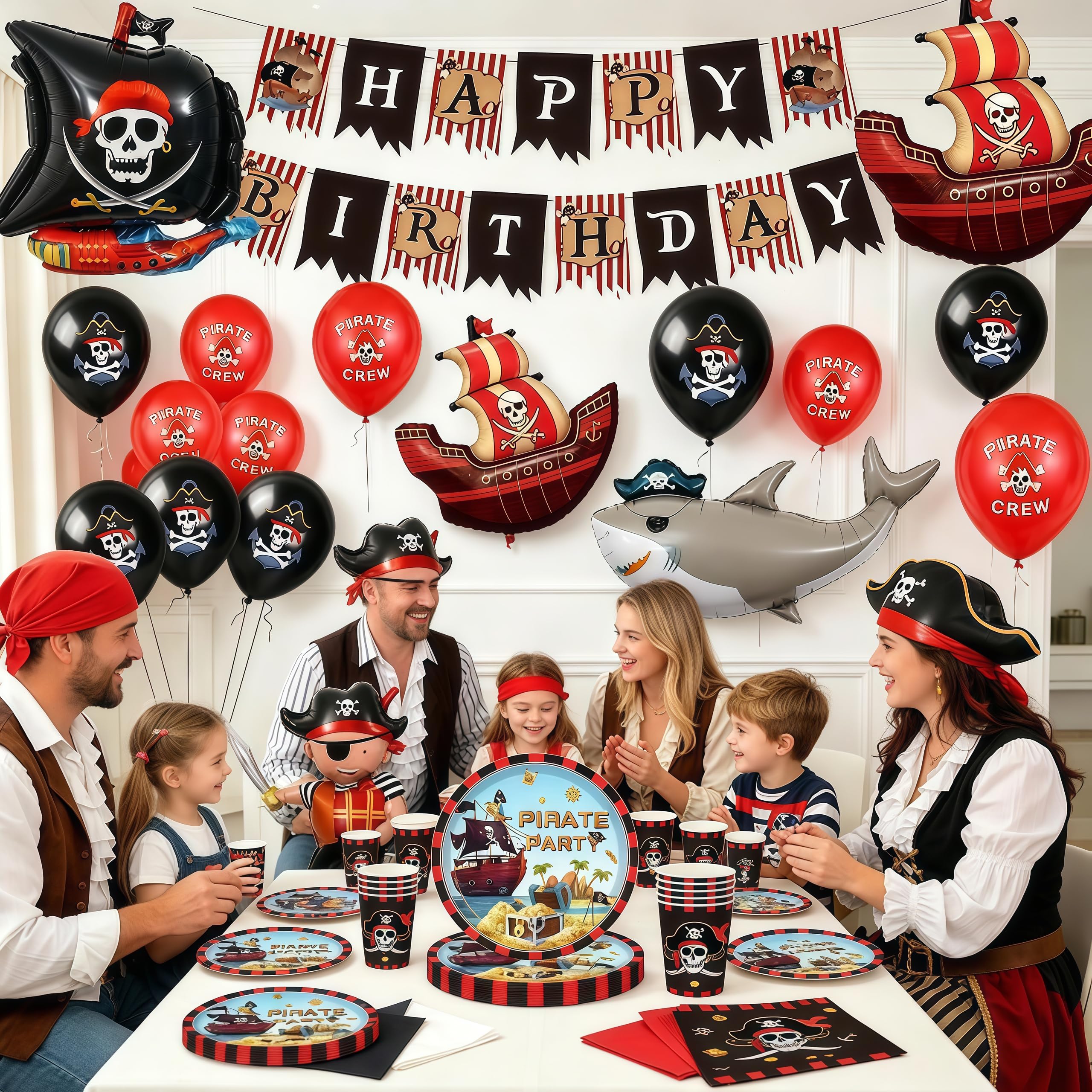 Set de décoration pour anniversaire pirate, 80 pièces - Vaisselle de fête pirate avec grand ballon en feuille pirate, kit d'accessoires de fête, décoration de fête pirate, assiettes en carton pirate
