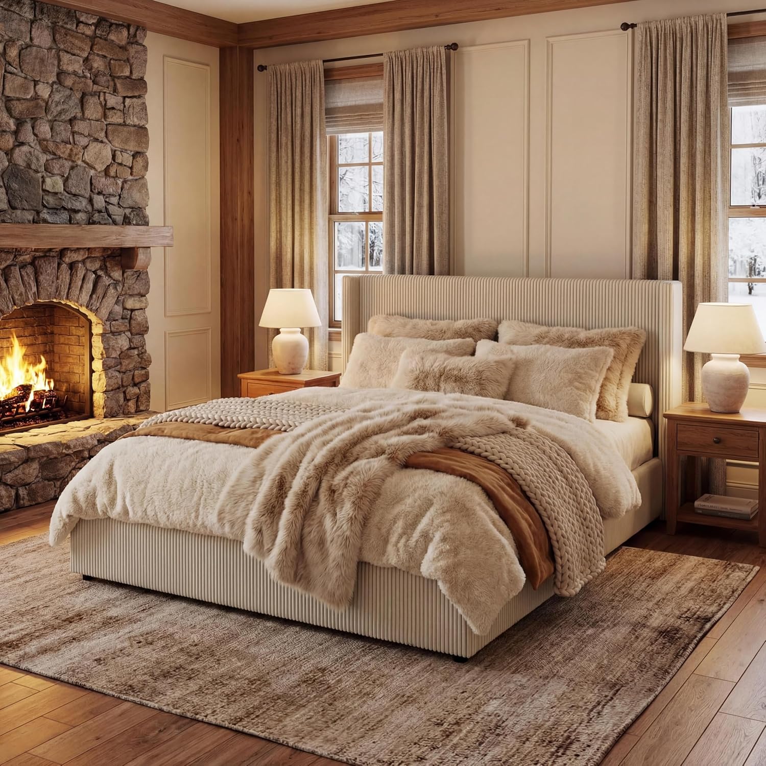 IDEALHOUSE King Size Bed Frame with Storage Drawers, Corduroy Upholstered Platform with Wingback, Tufted Headboard and Footboard, No Box Spring Needed, Beige