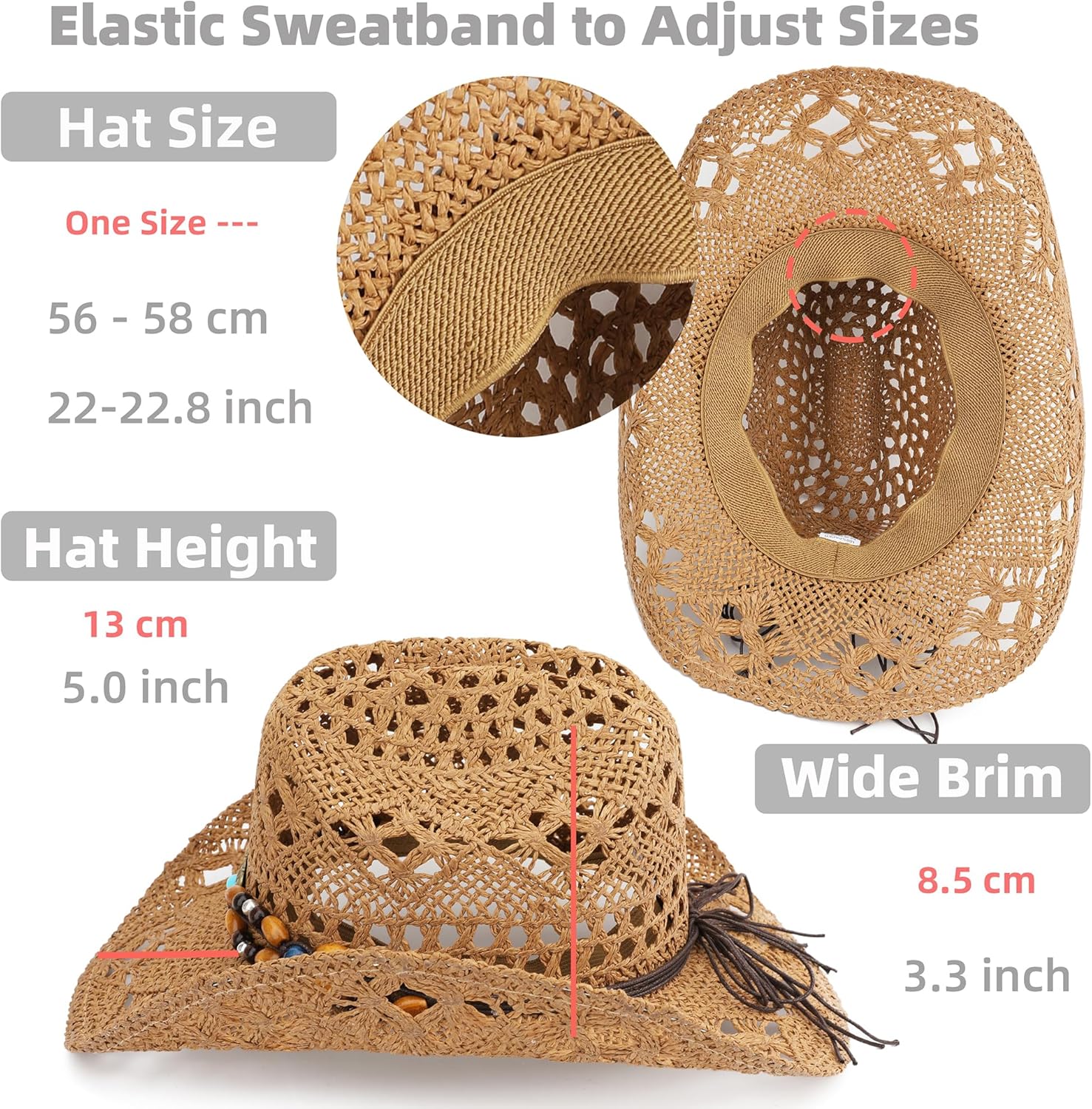 Straw Cowboy Hat, Western Cowgirl Hat, Wide Brim Sun Beach Hat for Men and Women - Image 4