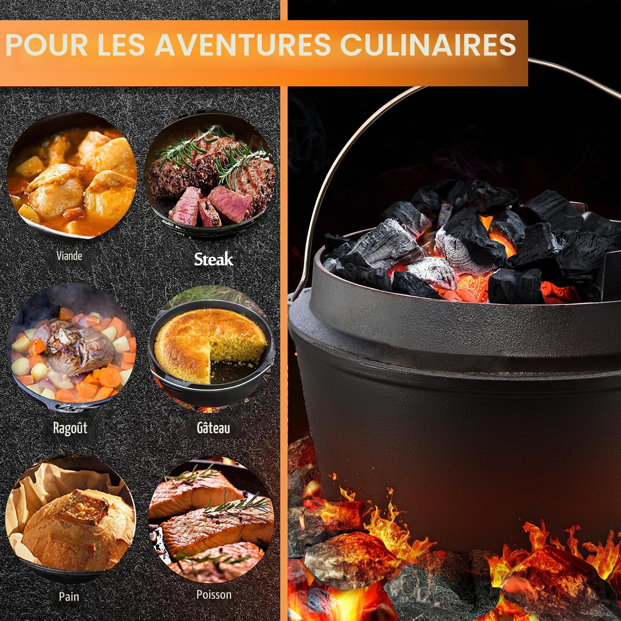 Faitout hollandais 9 litres, double fonction, fonte, pré-assaisonné, avec lifter, noir