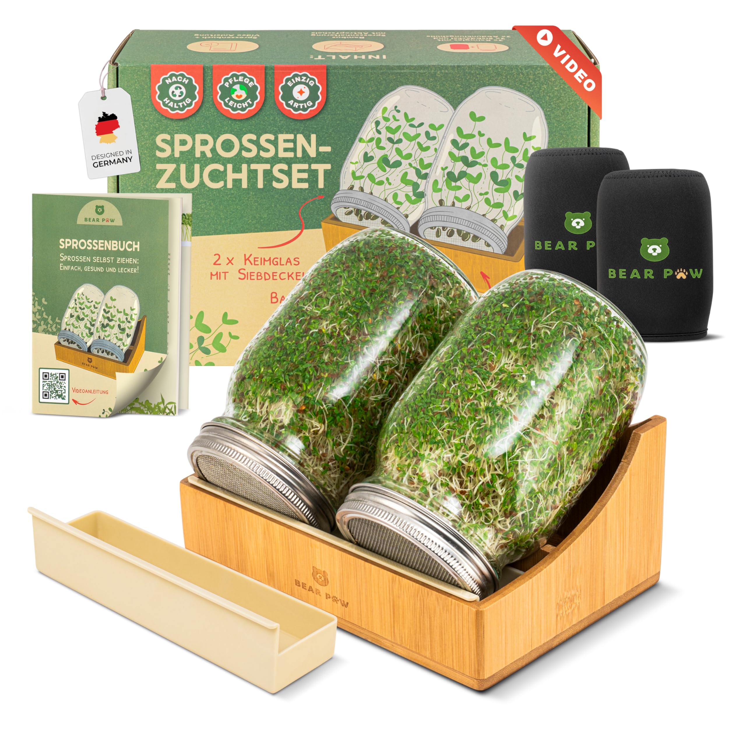 BEAR PAW® Sprossenglas 2er Set - 1000ml Keimglas für Sprossen Keimlinge - (inkl. Bambushalterung, Abdunklungshüllen, Gratis Videokurs, Sprossenbuch) - Sprossenglas Keimglas Set - Sprossen Keimgerät