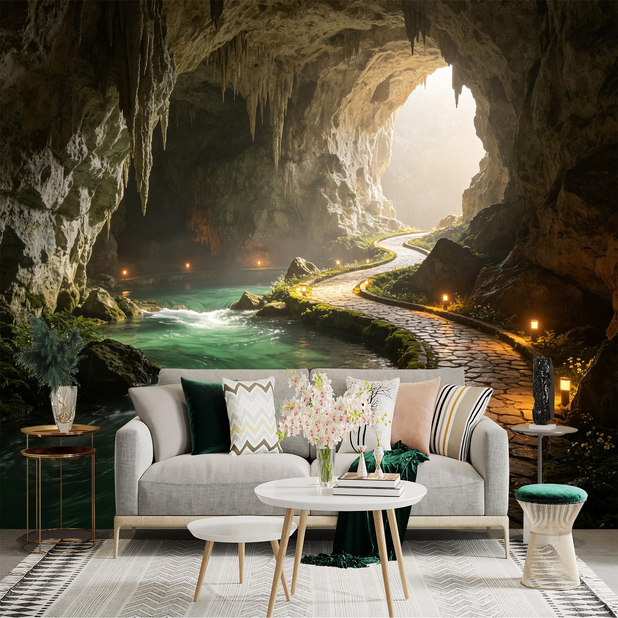 Custom Size Wall Sticker Mural， Natural Limestone Cave， Underground River with Stone Path， Illuminated Pathway， Nature Landscape， for wall Decoration， peelandstick wall Decals.
