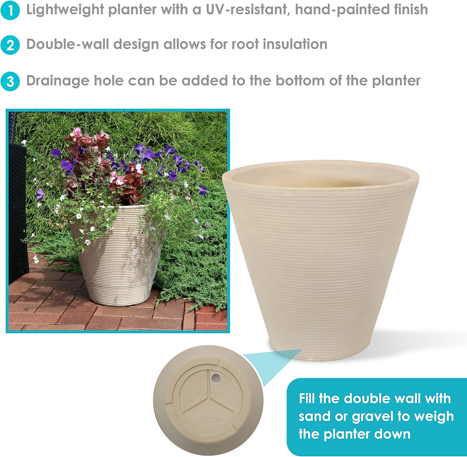 Sunnydaze 15.5-Inch Walter Large Plant Pot - Polyresin Round Outdoor Planter with Drillable Drainage Hole - 2 Pack - Antique White