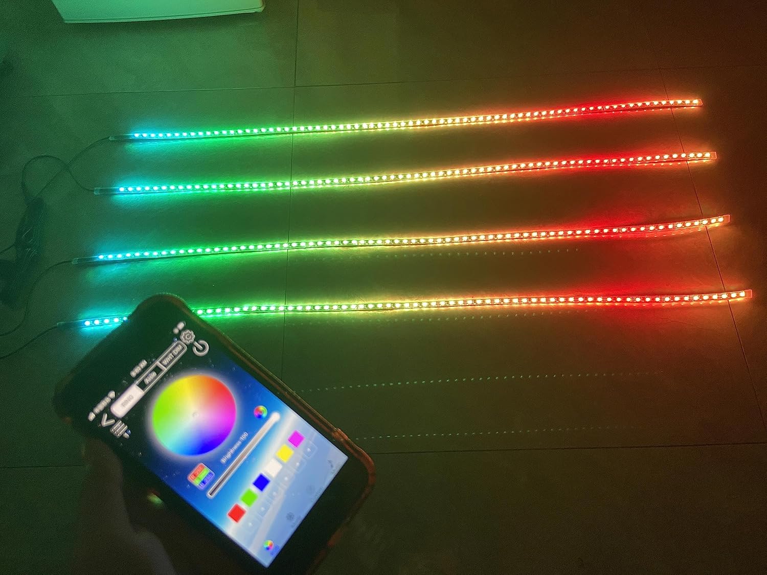 4PCS 5FT 1.4Meters Full Tinted LEDs Black Out PCB Smoked Dream Color Chasing Light Strips Bluetooth Remote Music APP Dance Mode Control DIY Slingshot Car Truck Off-Road Lights