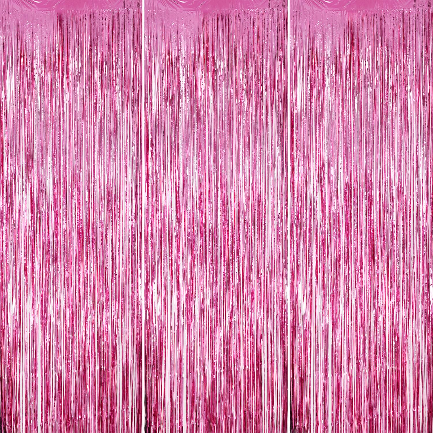 DECOCKRAT 3 Pack Foil Fringe Backdrop - Pink Shiny Tinsel Curtains for Party Decoration/Photo Booth Props - 3.3x8.2 FT Metallic Foil Backdrop for Birthday, Wedding, Graduation, Christmas.