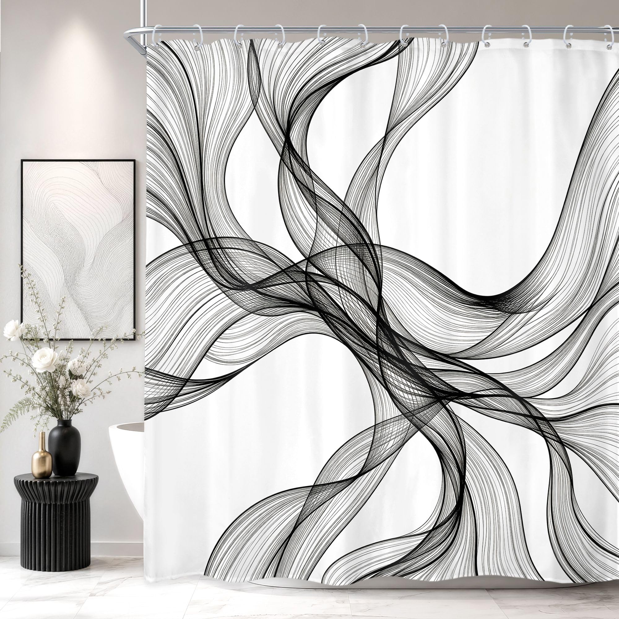 Black and White Abstract Shower Curtain Set Flowing Line Art Bathroom Decor — image 1