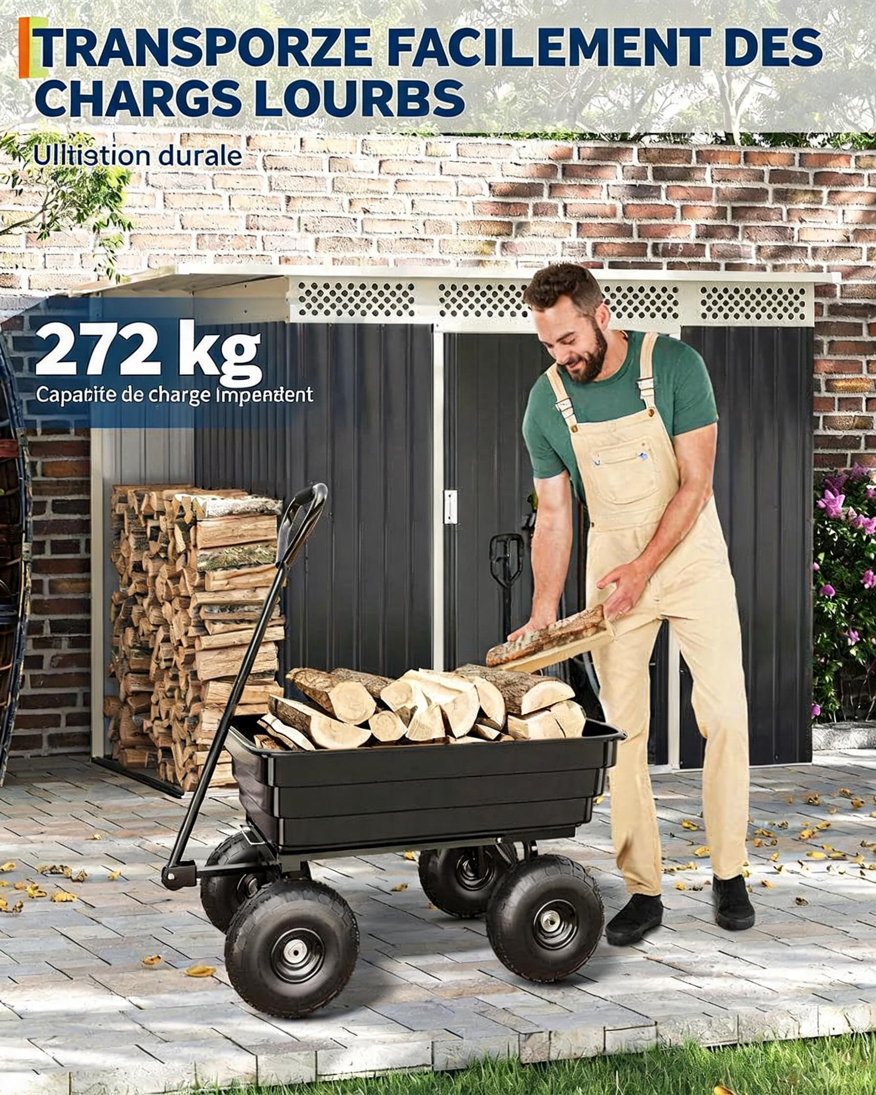 Chariot à Benne basculante-Capacité 272 kg-Poignée Ajustable 180°