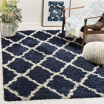 Om Carpet Traditional Shaggy Carpet (Blue, Microfiber, 3X5 Feet)