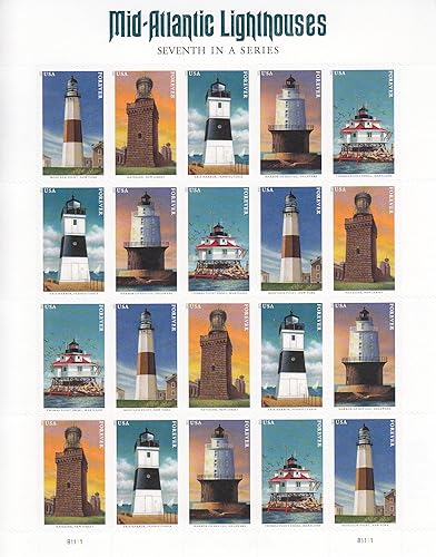 USPS Mid Atlantic Lighthouses - Hoja de 20 sellos de franqueo Forever American Lighthouses Scott 5621-25