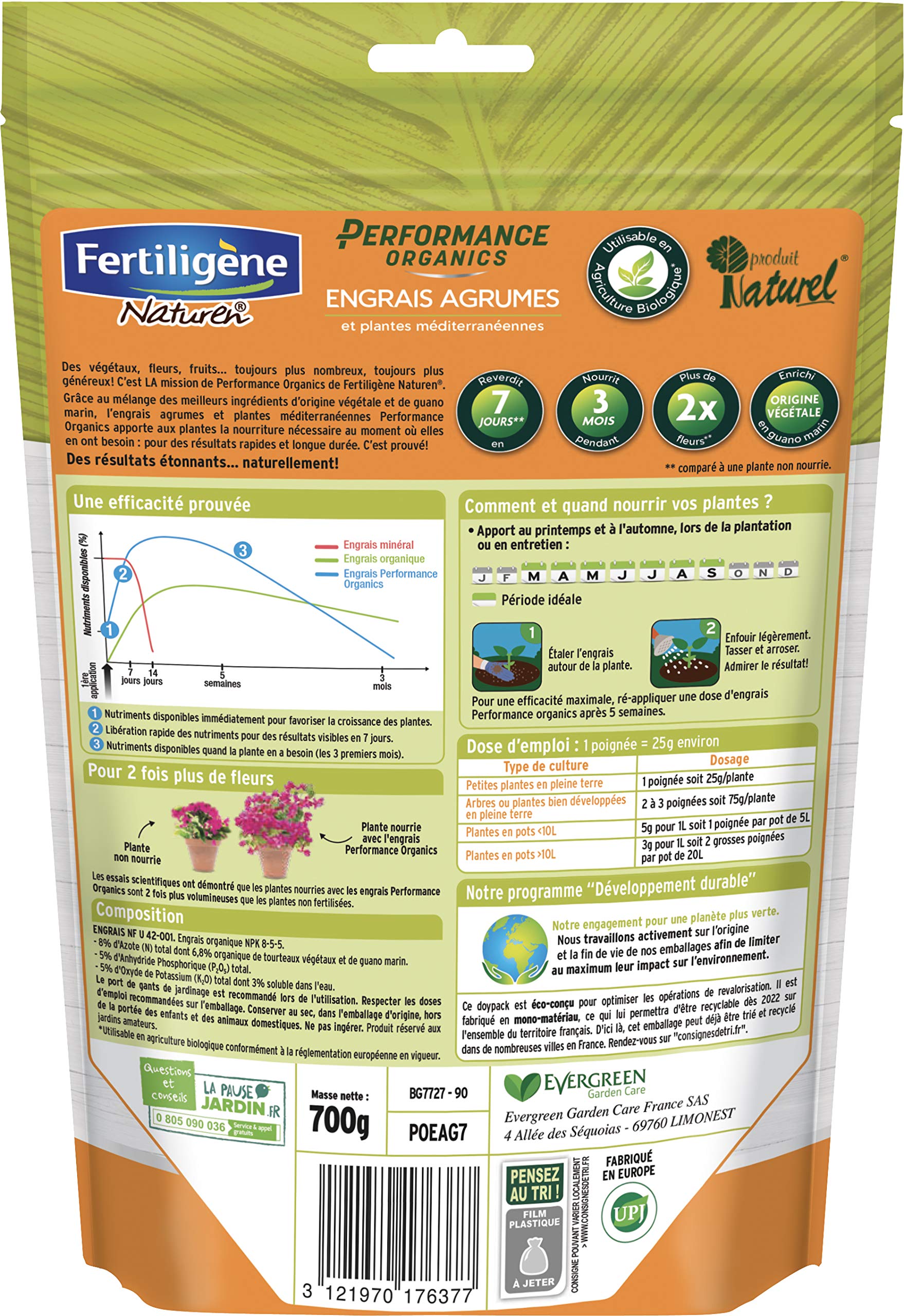 FERTILIGENE NATUREN POEAG7 Engrais Granulés Performance Organics Agrumes Plantes Méditerranéennes 700 g Pour 14m²