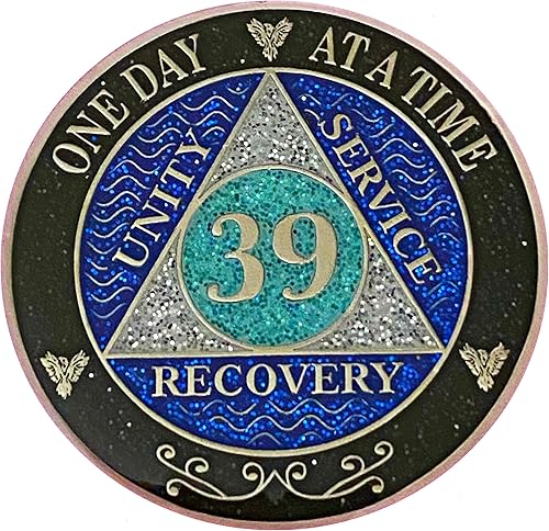 Miniatura 40 de (años 1-50) Medallón de purpurina plateado de recuperación AA de 47 años, arcoíris negro, azul, moneda de purpurina plateada, cubierta de epoxi