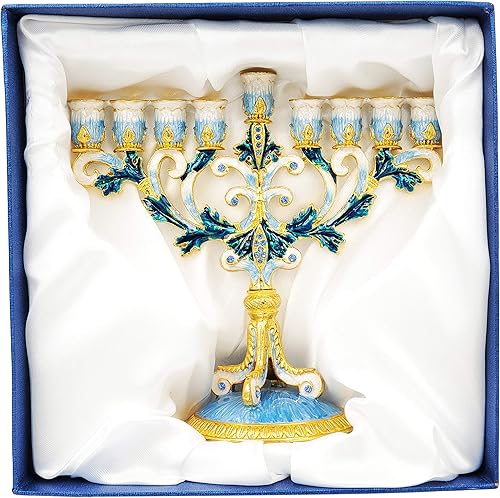 Miniatura 4 de The Dreidel Company Menorá de metal esmaltado con detalles de joyería (menorá esmaltada pintada a mano, azulblancodoradoverde)
