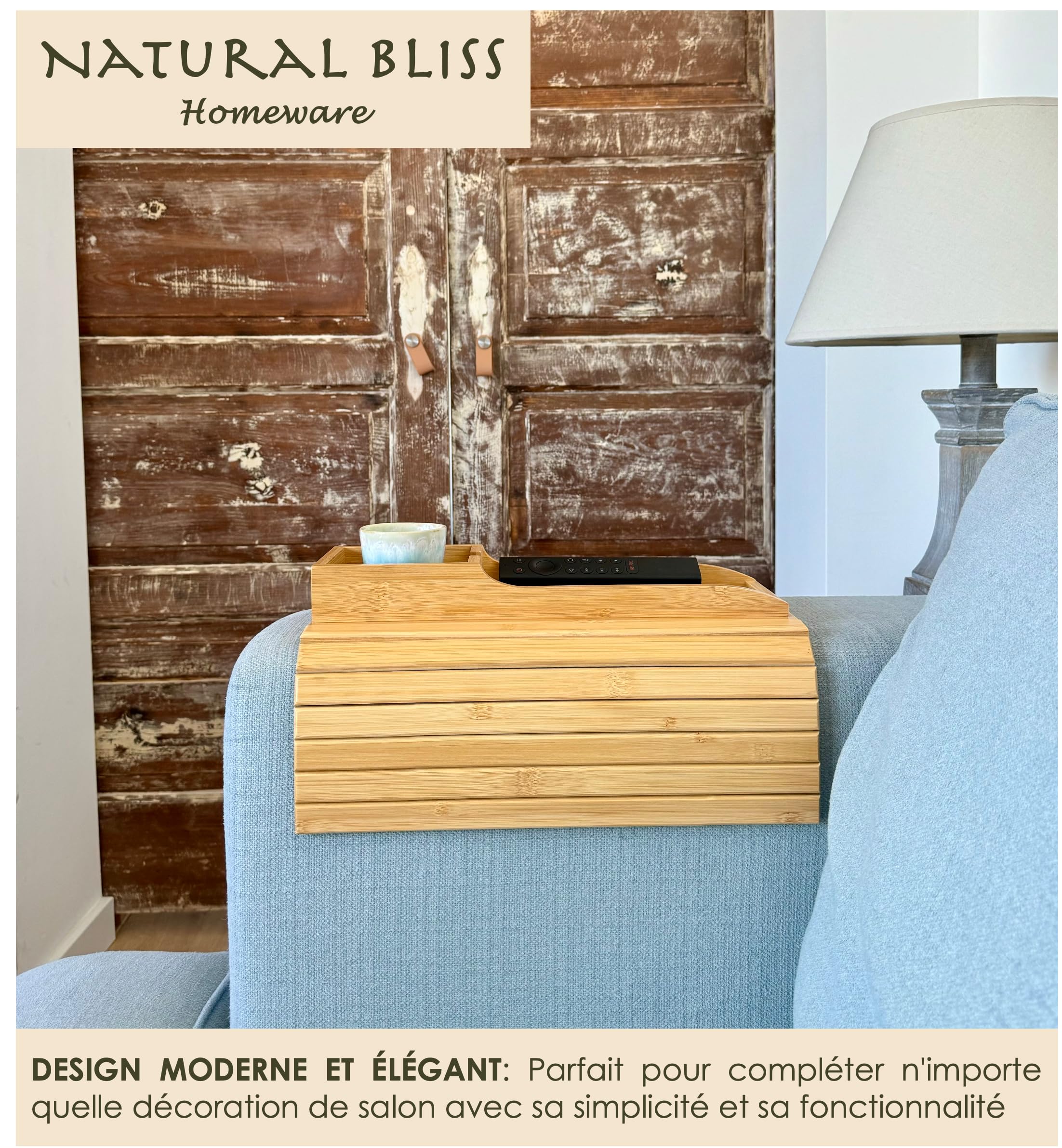 Natural Bliss – Table d’appoint en Bambou pour Accoudoir Canapé | Plateau Repas Antidérapant, Pliable et Réglable pour Tasse | Organisateur & Porte Télécommande et Téléphone