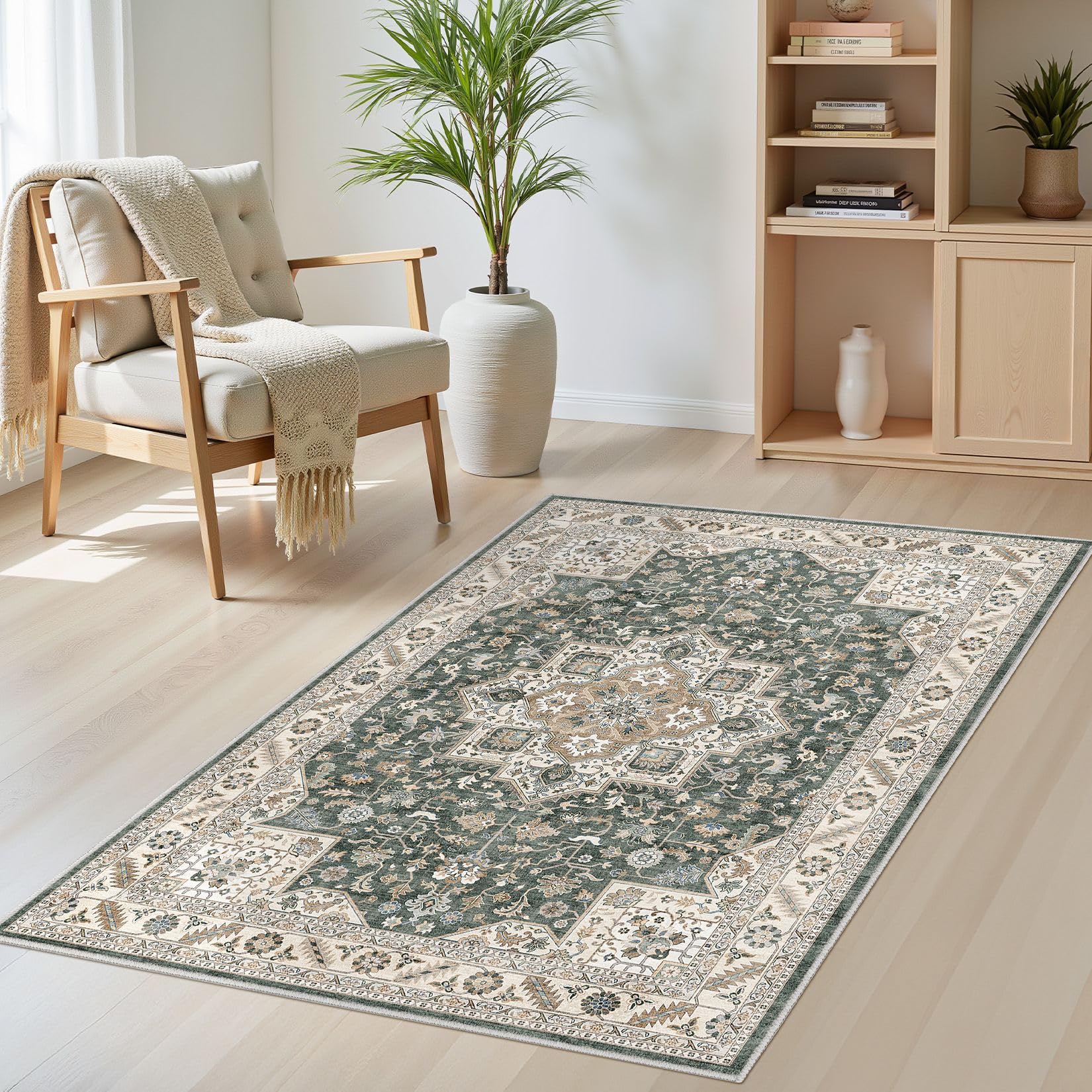cotiled Vintage Living Room Area Rug 3x5 - Large Soft Washable Oriental Traditional Distressed Farmhouse Rugs for Bedroom - Indoor Floor Accent Carpet for Home Office House Decor - Vintage Green — image 1