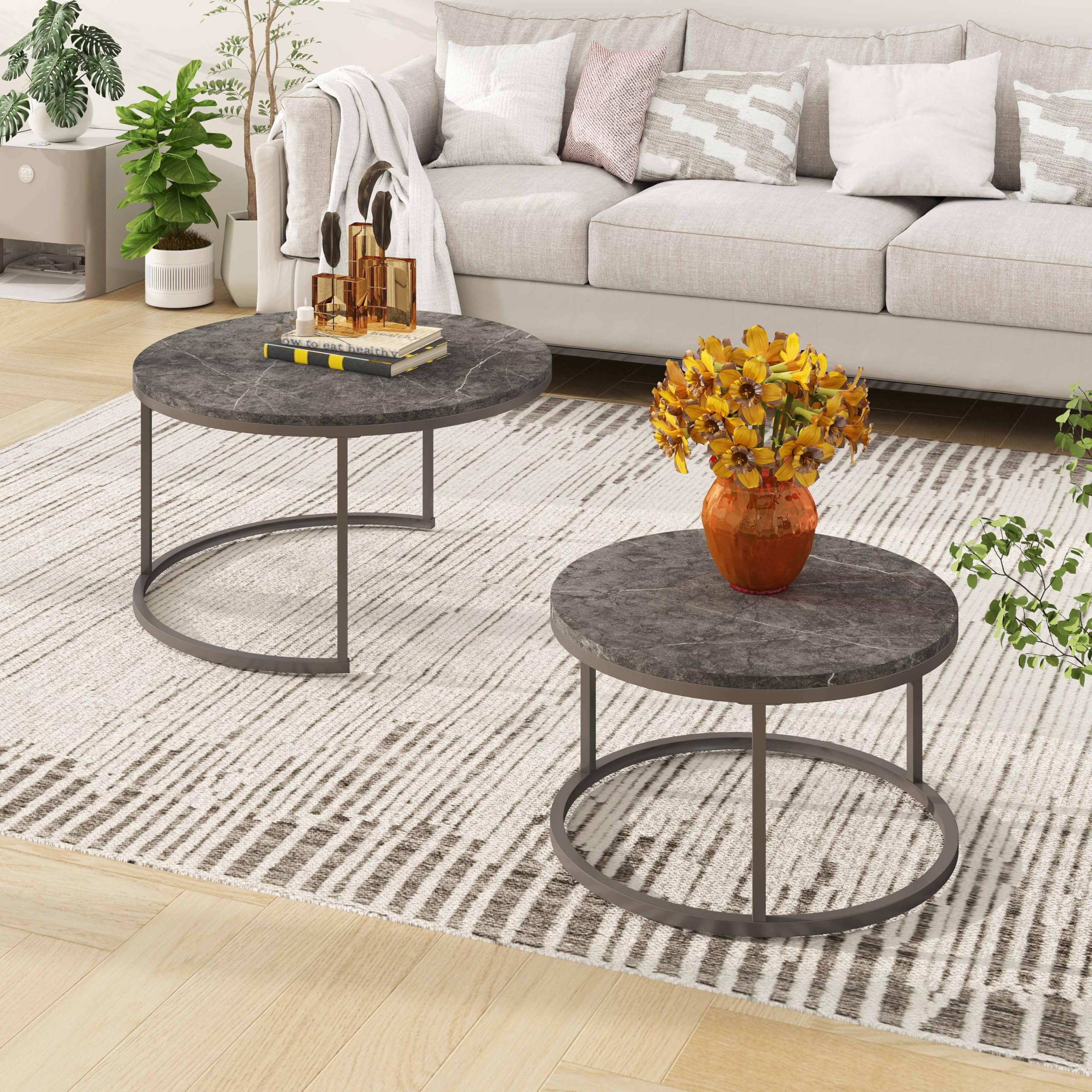 hitsuki Couchtisch Rund 2er Set, Marmor Couchtisch Grau Metallgestell Wohnzimmertisch Grau, Beistelltisch Metall，Satztische fürs Wohnzimmer, Schlafzimmer, Balkon (Schwarz & Schwarz)