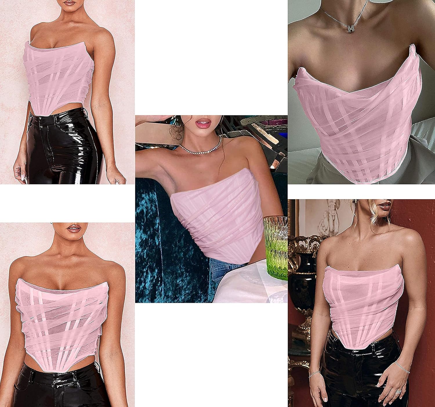 MOALLUOM Mesh Corset Crop Top Bustier Underbust Boned Backless Sleeveless Strapless Off Shoulder Aesthetic for Women Y2K