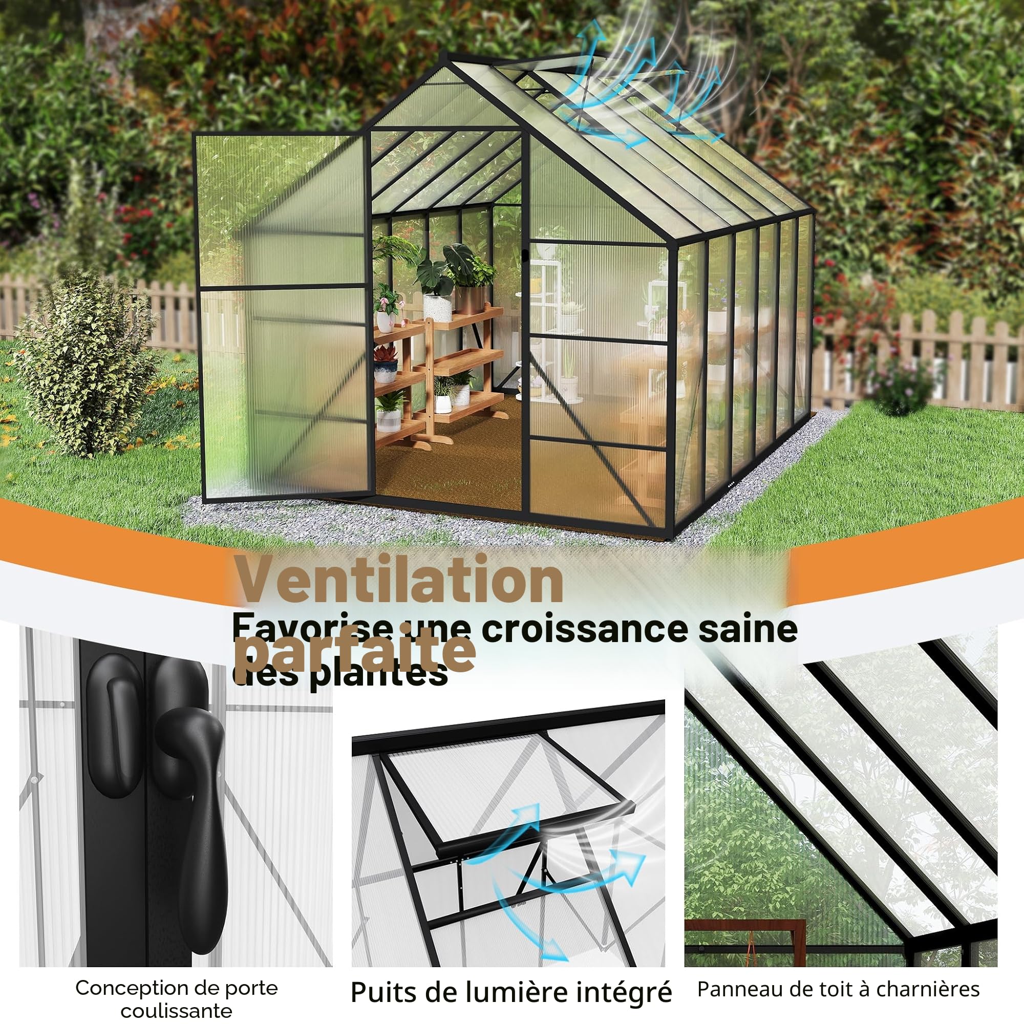Serre en Aluminium avec PC Panneaux Transparent, Lucarne, Porte et Fondations, 335x170x195cm Hivernage Tente de Jardinage Accessible, Pépinière de Culture pour Jardin et l'extérieur