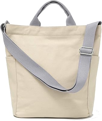 Jeelow Canvas Market Tote HandBag Crossbody Shoulder Bag Purse For Men & Women With Zipper (Beige Tote)