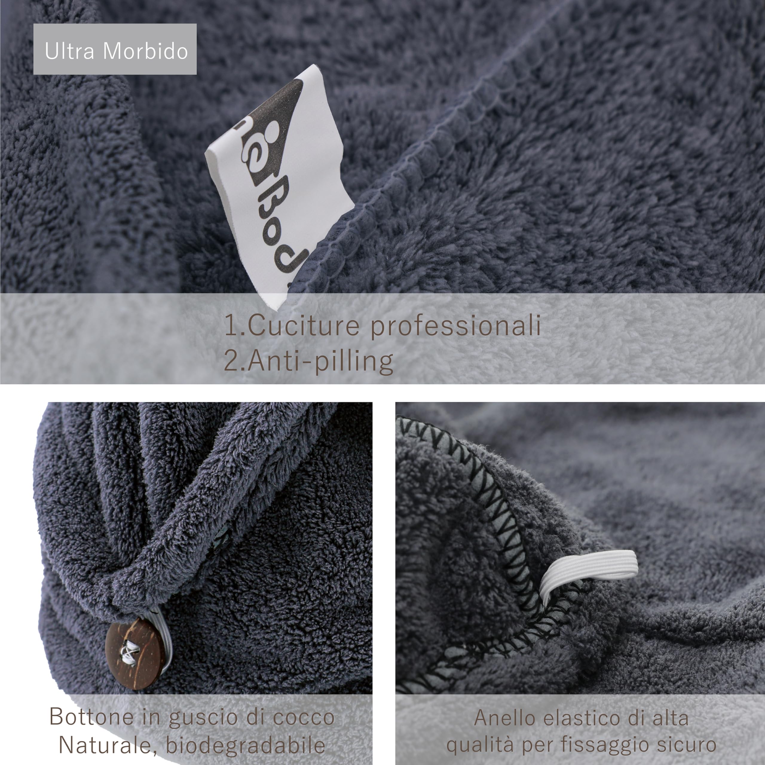 myHomeBody - Asciugamano per capelli con turbante anti-crespo, ad asciugatura rapida, ultra morbido e ad asciugatura rapida, in fibra di bambù assorbente, con pulsante di cocco – Midnight Blue