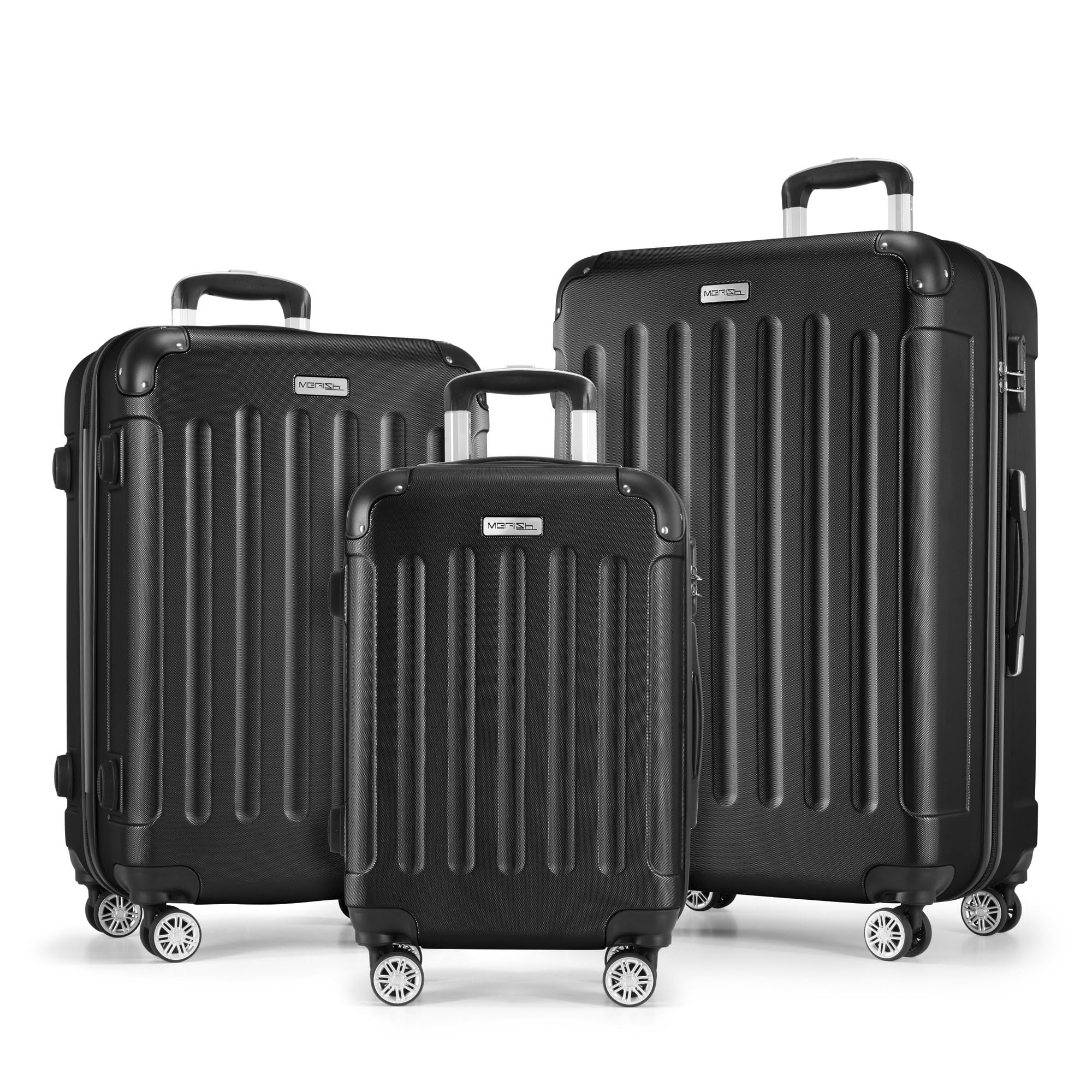 MERISH Reisekoffer Koffer Kofferset Trolleys Zwillingsrollen 3tlg. Hartschale in 9 Farben (Black, Set)
