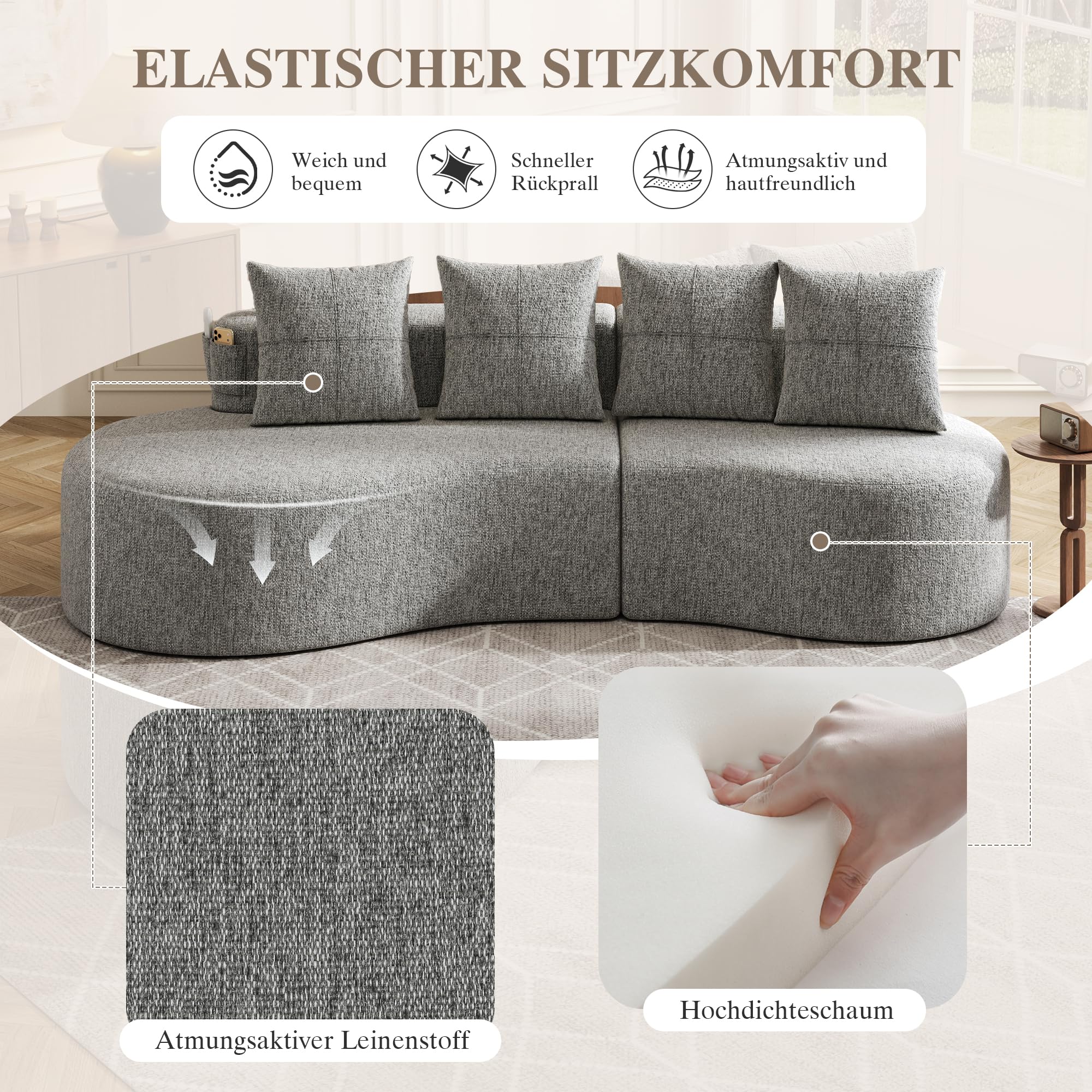 Modulares Schlafsofa Leinenstoff, Boneless Couch mit Schlaffunktion, Hochdichtschaumfüllung + Federstücke, Tassenhalter & Seitentasche, Ohne Montage, fürs Wohnzimmer, Gästezimmer oder Balkon