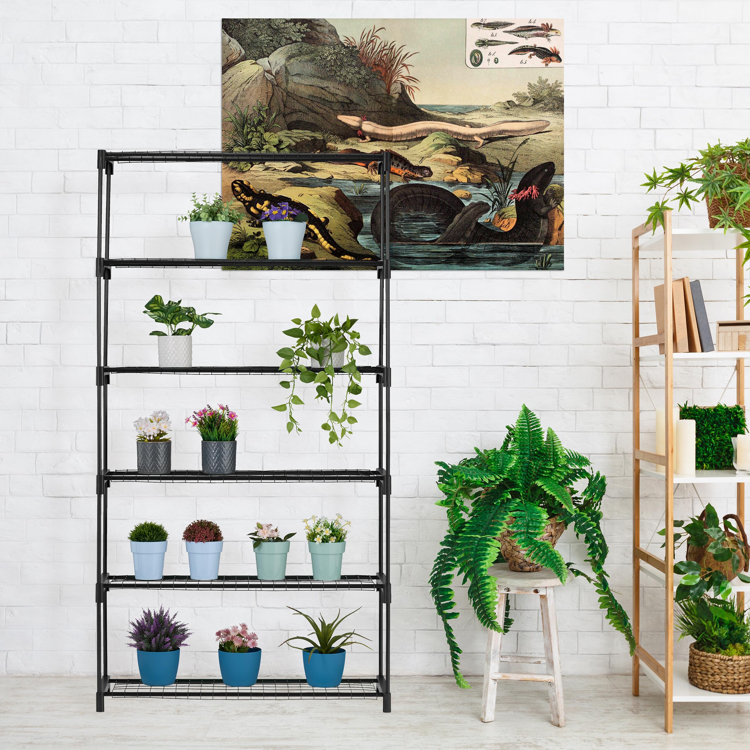 Relaxdays Scaffale Porta Piante a 6 ripiani, Portapiante in Vaso, Fiori e Erbe, Mobile in Acciaio, 174x91x28 cm, Nero