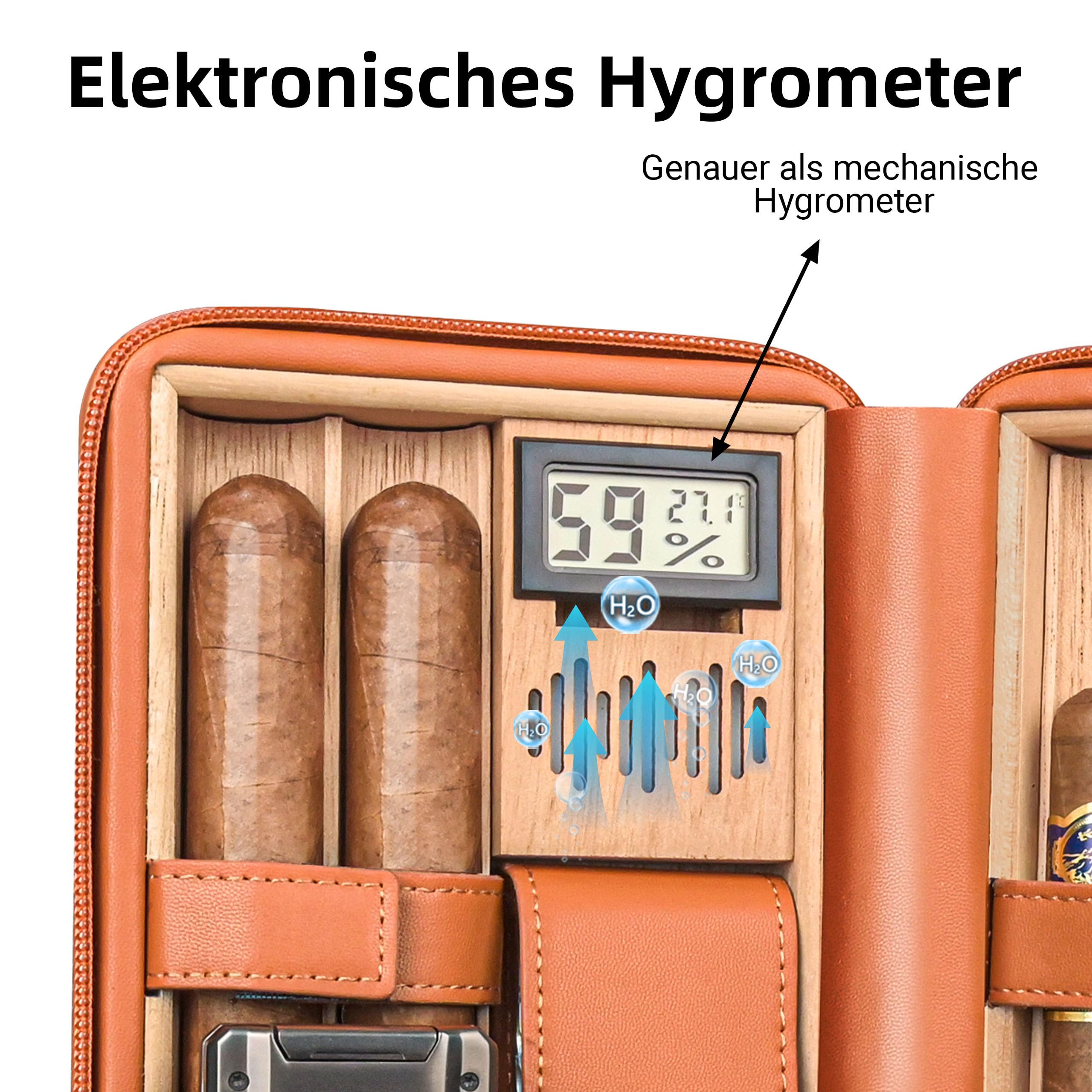 Podróżny humidor na cygara, przenośna skrzynka na cygara ze skóry i drewna cedrowego, z cyfrowym higrometrem i nawilżaczem, pomieści 6 cygar, idealny prezent dla mężczyzn
