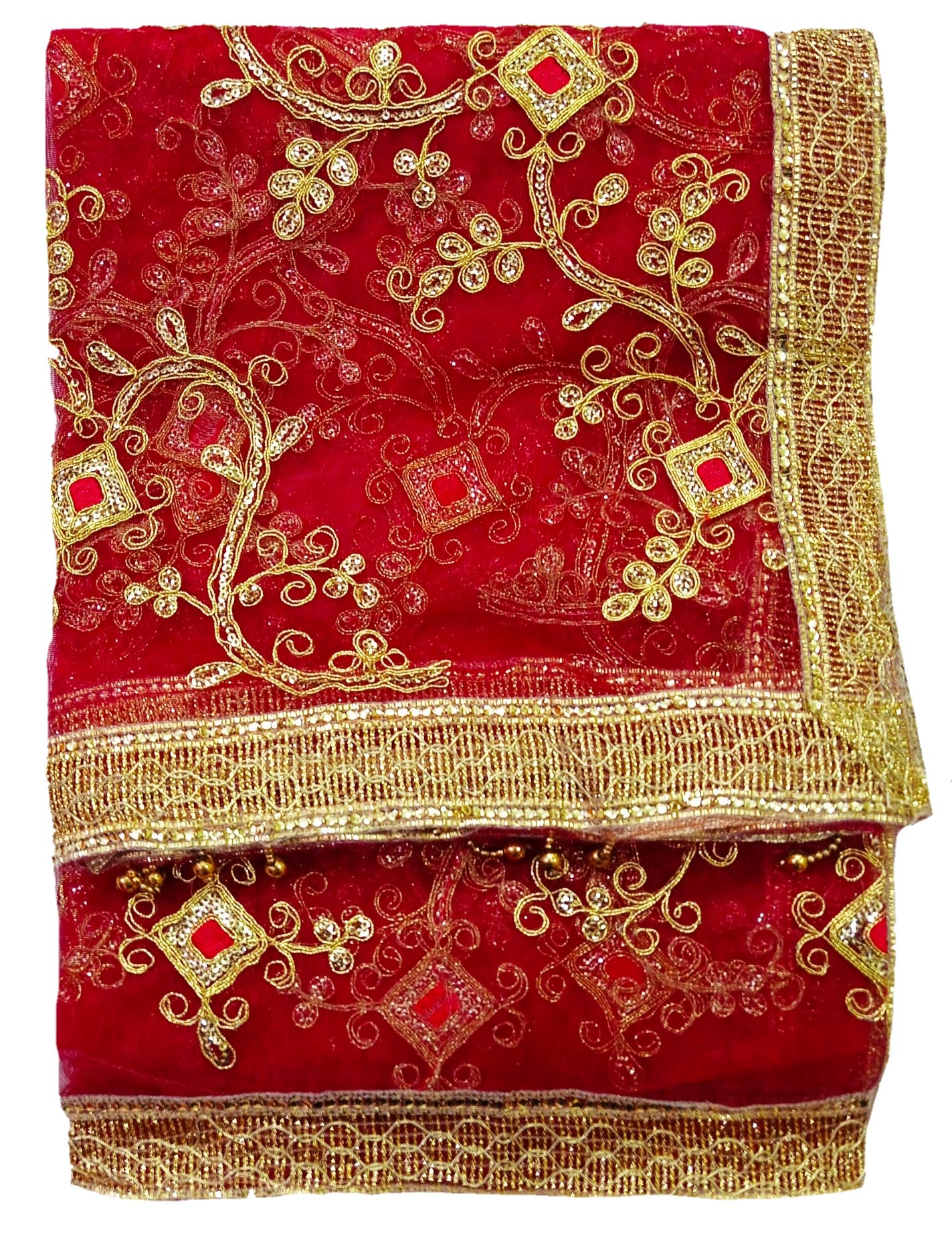 Wedding Bridal Red Net Dupatta with Lehriya Zari Jaal Embroidery/Mata ki chunri (2metre)-image-26