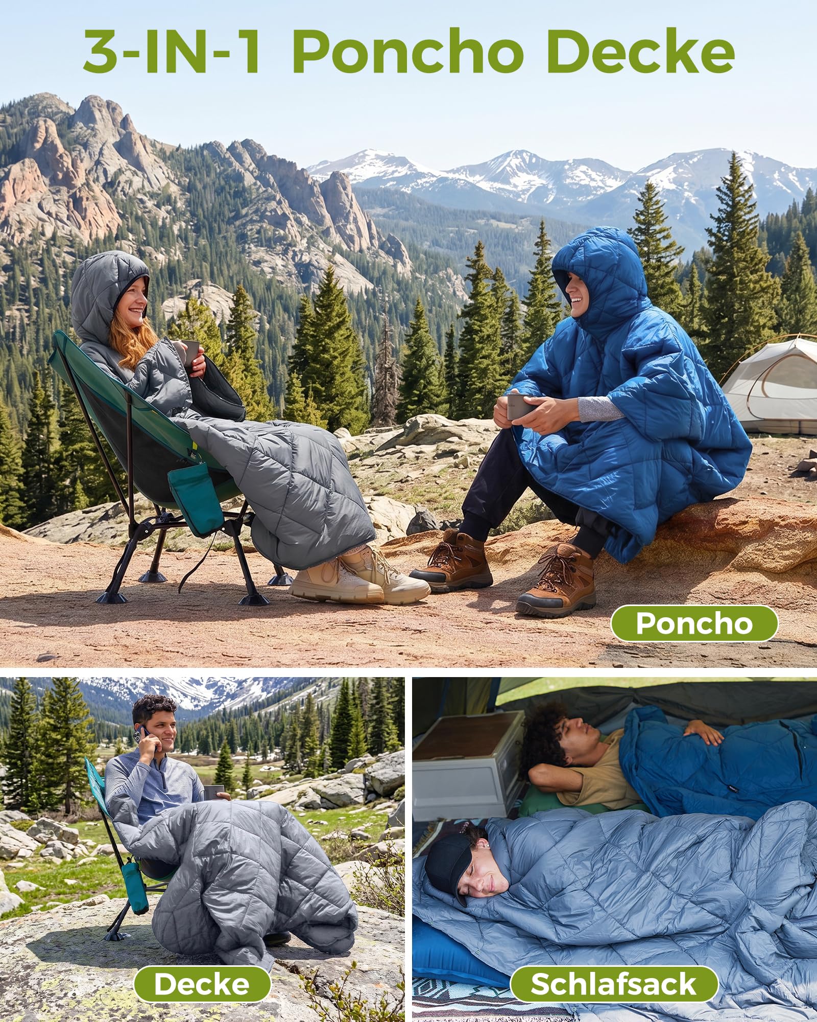 ATEPA 3-in-1 Camping Poncho Decke, Tragbarer Schlafsack, Ultraleicht