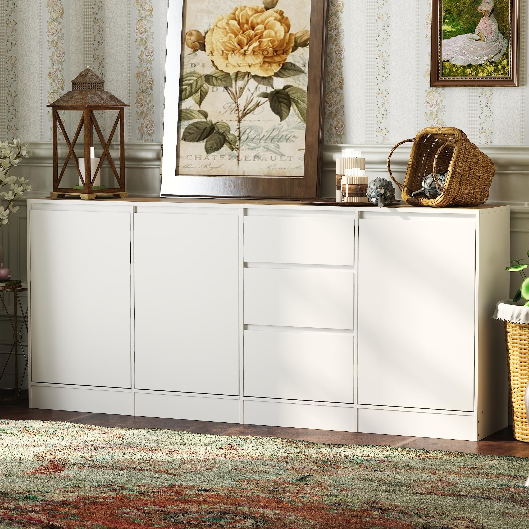 Mobile da 3 ante e 3 cassetti, credenza, credenza con ripiani, comò, armadio multifunzionale per la conservazione, per soggiorno, cucina, corridoio, 80 x 180 x 35 cm, MDF, bianco
