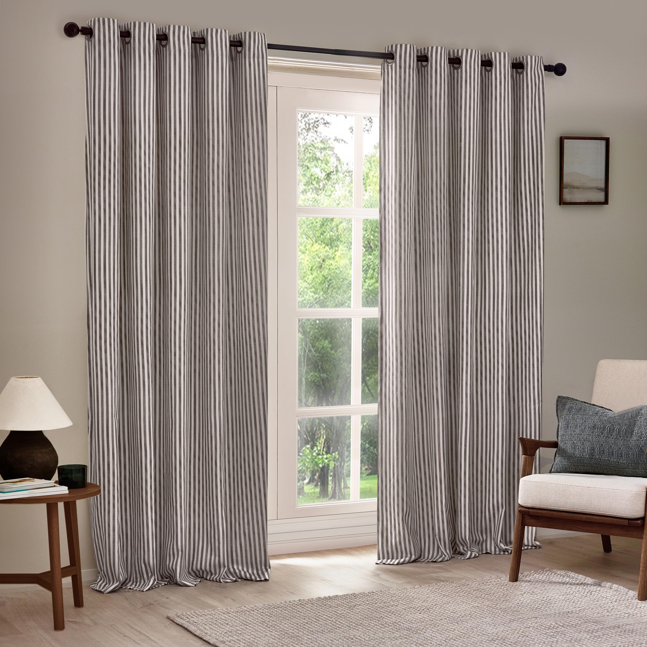 Yard furn Hebden Eyelet Curtain Pair - Ultra Soft Cotton Lined Striped Curtains (Grey - 117x137cm), W 46.1" x L 53.9" (2 Panels) - Image 2