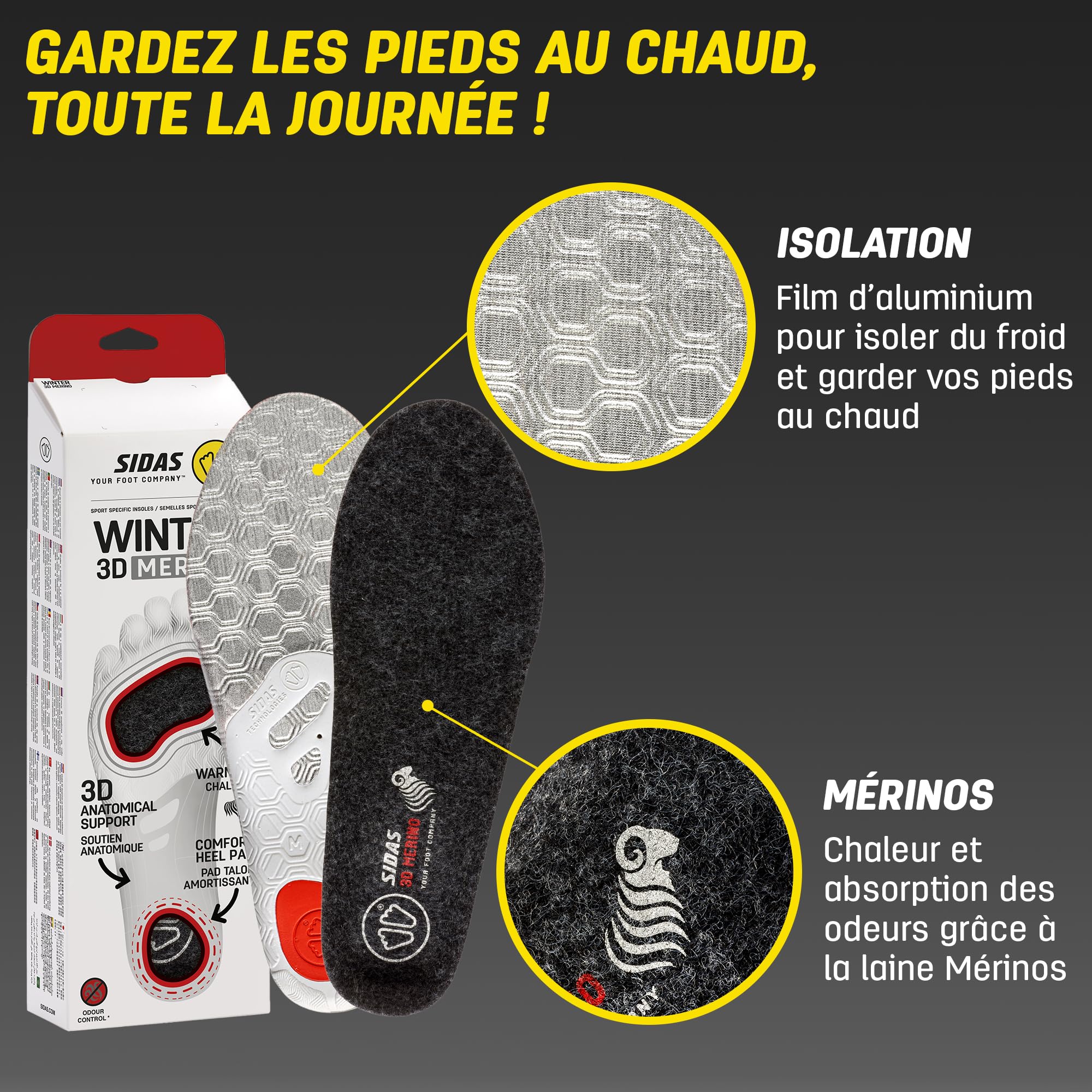 Sidas Semelles laine Merinos, Winter 3D, Pour le Ski et les Activités hivernales, Semelles Isolantes et Confort, Garder les pieds au chaud, Stabilité du Pied avec la coque EVA, pour Homme et Femme
