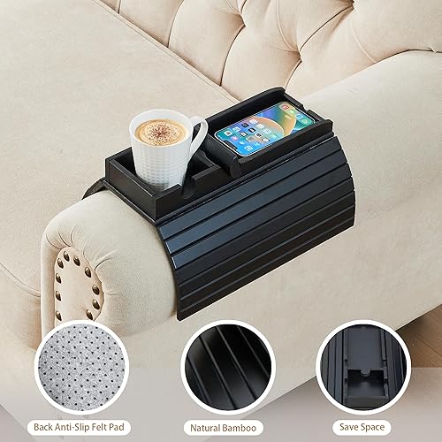 Miniatura 14 de GEHE Soporte para tazas de sofá de bambú, bandeja de brazo de sofá antiderrames, natural y fácil de limpiar, bandeja para reposabrazos perfecta