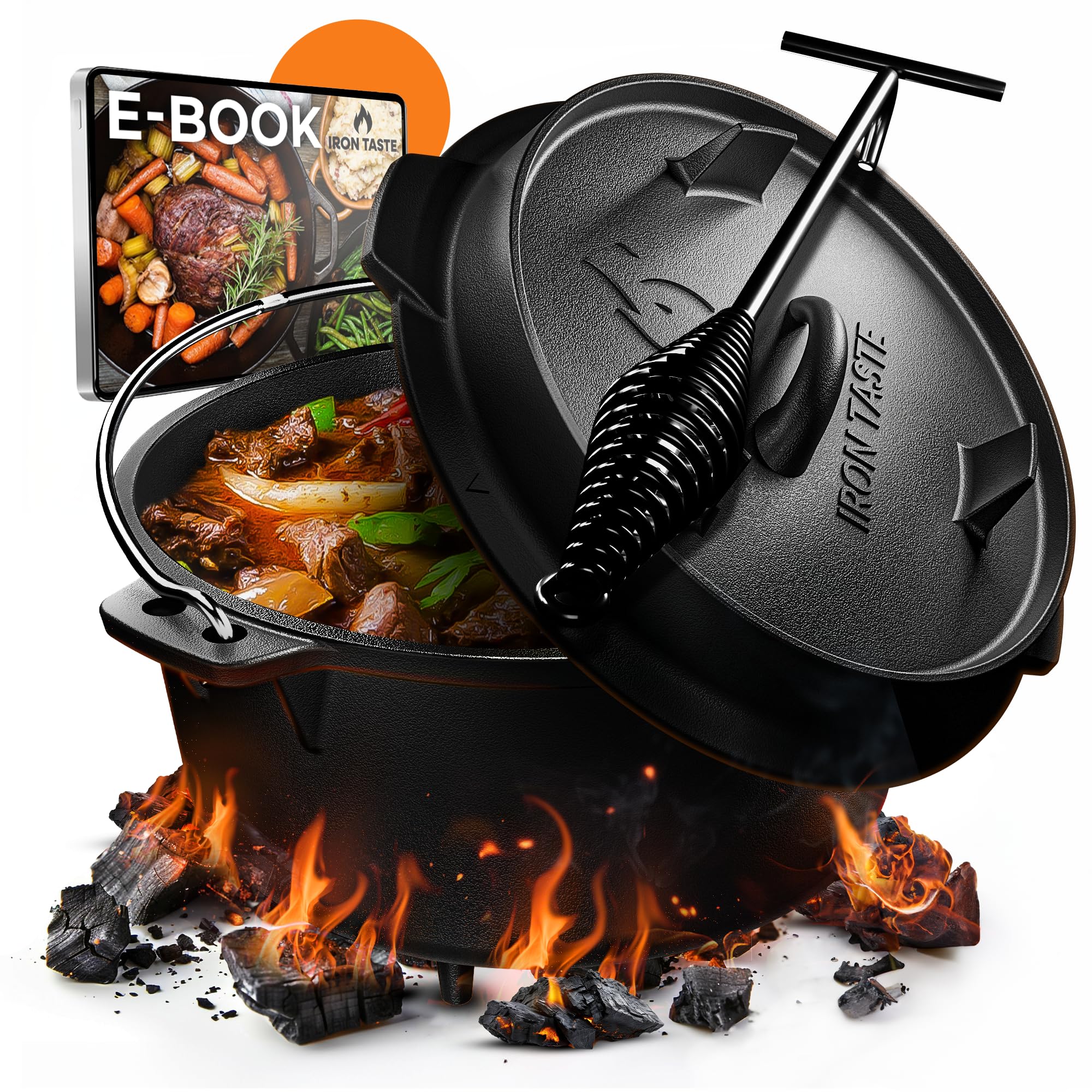 Set Pentola Olandese in Ghisa 4,5L – Pentola Pre‑Stagionata con Sollevacoperchio Pratico e Sottopentola in Acciaio Inox, Perfetta come Forno Olandese per Pane, Stufati, Arrosti e BBQ