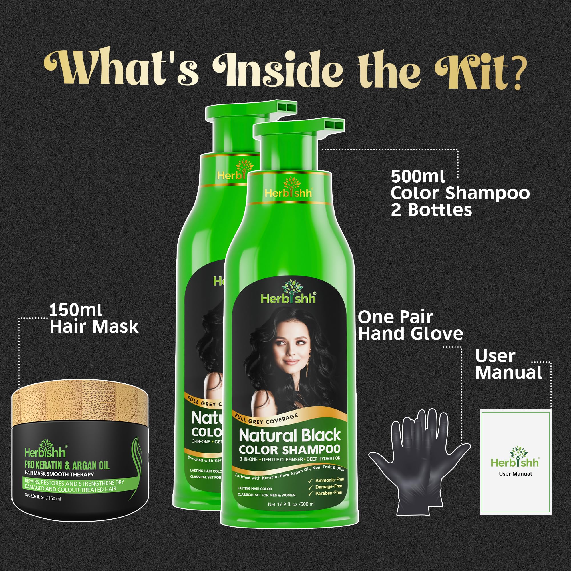 Herbishh Ultimate Haarfärbeshampoo Kit (2 Stück + Argan Haarmaske) für Graues Haar - Permanente Färbung für Männer und Frauen - Langanhaltend (Black)