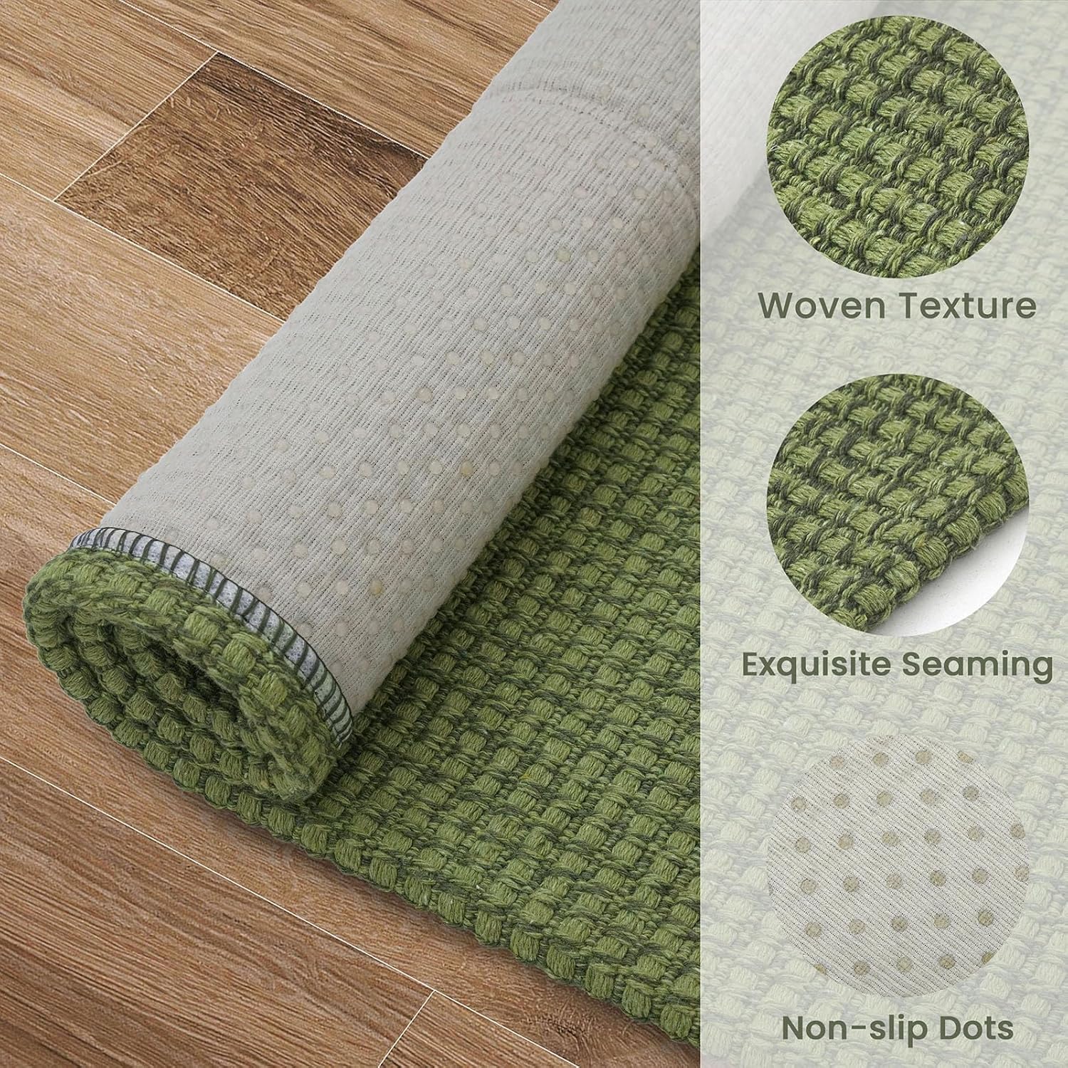 EARTHALL Woven Runner Rug 2x6 Ft Washable Runners for Hallways Cotton Non Slip Rubber Backed Kitchen Runner Braided Indoor Floor Carpet for Entryway, Hallway, Kitchen, Bedroom, Green