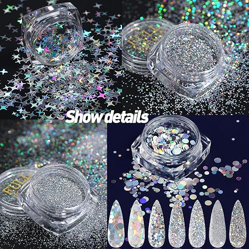 Miniatura 3 de Lentejuelas holográficas con purpurina para uñas, 16 cajas de suministros de arte de uñas, copos 3D, polvo acrílico brillante, polvo plateado,